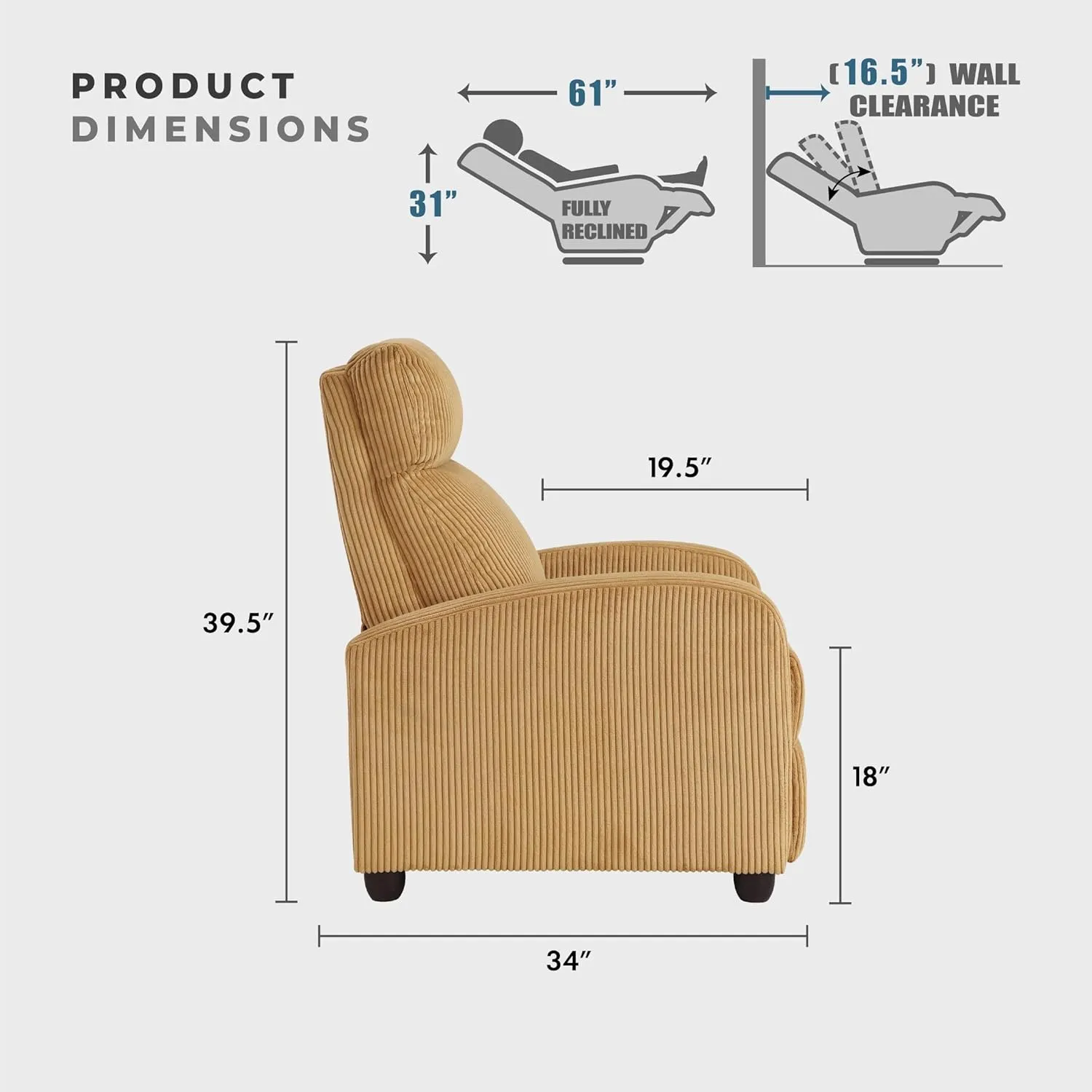 Lexicon Corduroy Pushback Recliner Chair Armchair Push Back Recliner, Solid Wood Frame and Metal Base, Easy Assembly Small Soft Single Sofa Accent Chair for Living Room/Office/Apartment, Yellow