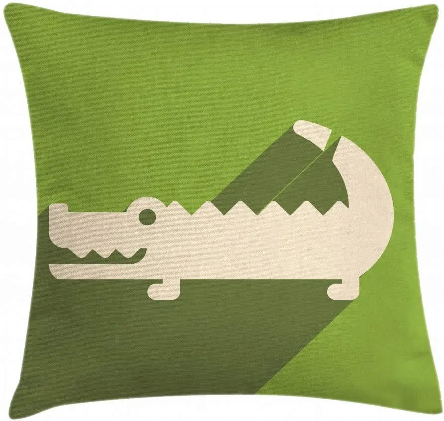 Lunarable Alligator Throw Pillow Cushion Cover, Minimalist Flat Design of Long Shadow Australian Crocodile, Decorative Square Accent Pillow Case, 18" X 18", Olive Green
