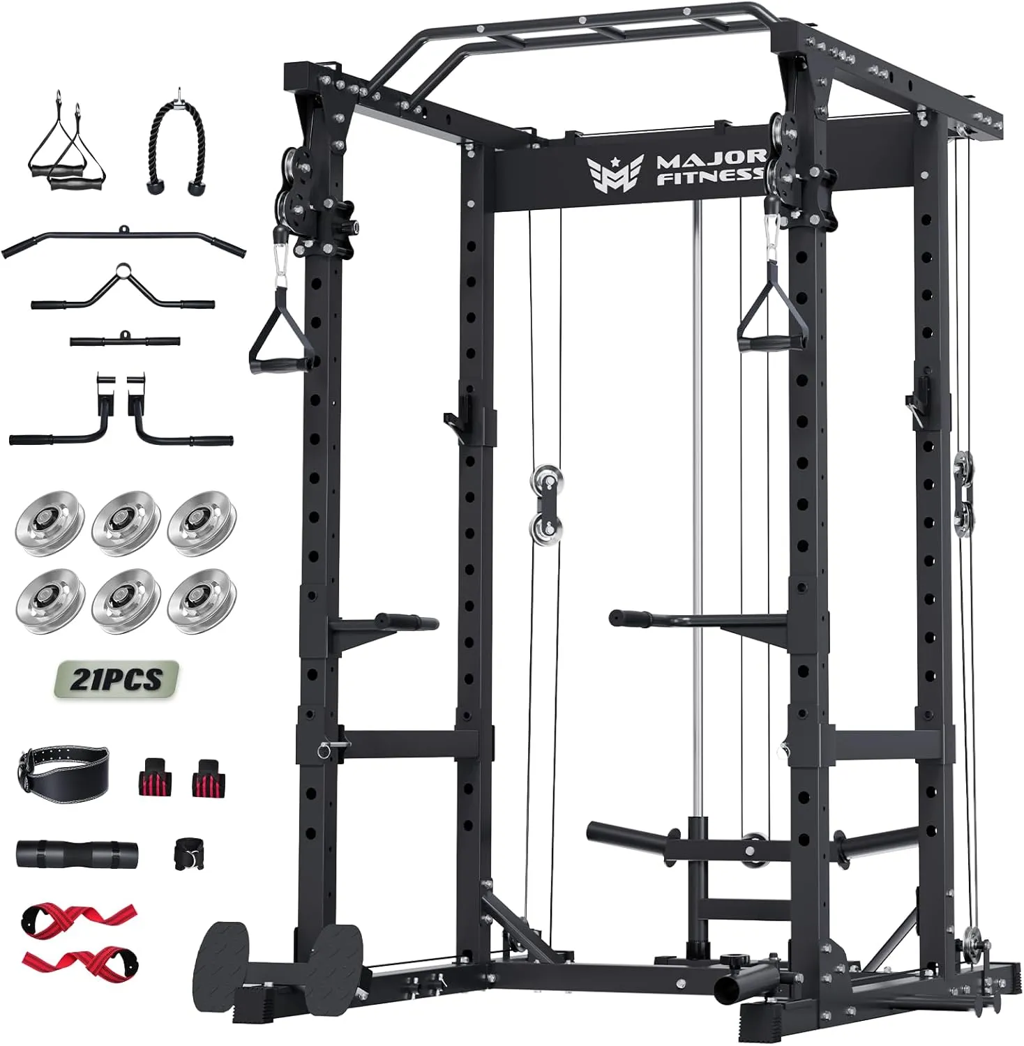 MAJOR FITNESS Drone1 Power Cage - Multi-Function Power Rack for Home Gym, Squat Rack with Pull-up Bar, Cable Crossover System, J-Hooks, for Strength Training, Heavy-Duty Steel Construction