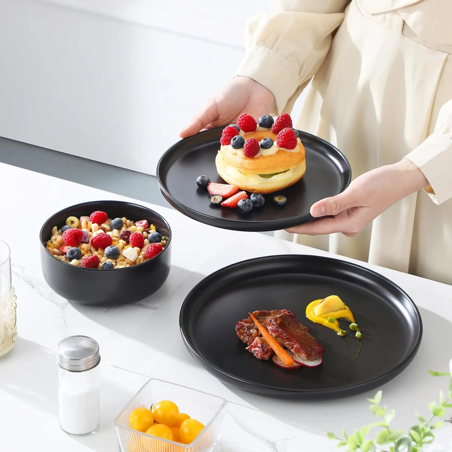 MALACASA Plates and Bowls Sets, 12 Pieces Porcelain Dinnerware Set for 4 Kitchen Dinner Ware Set Ceramic Dishware Dishes Microwave and Dishwasher Safe, Black, Series LUNA