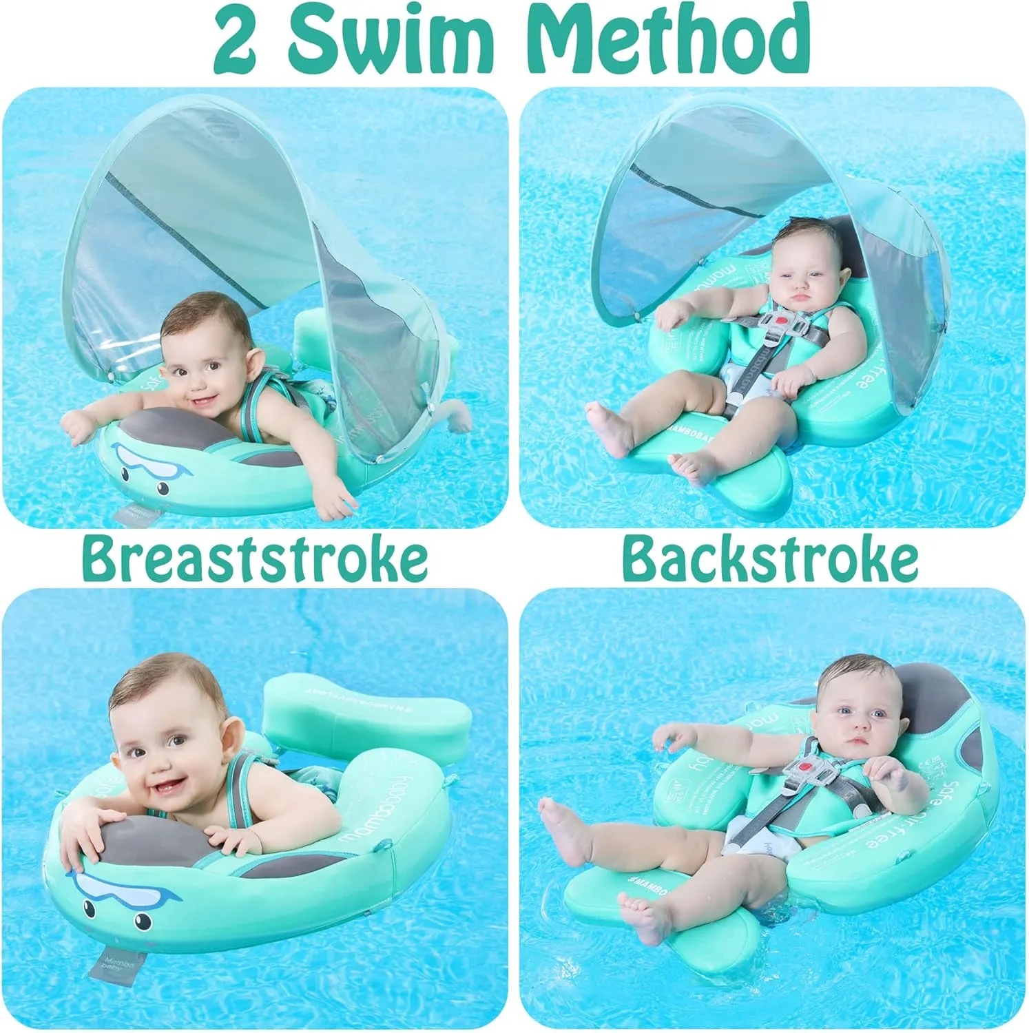 Mambobaby Float Baby Float with Canopy Non Inflatable Baby Pool Float Upgraded Tail Infant Swim Trainer Water Float for Toddler Infant 3-24 Months No Flip Over, Green