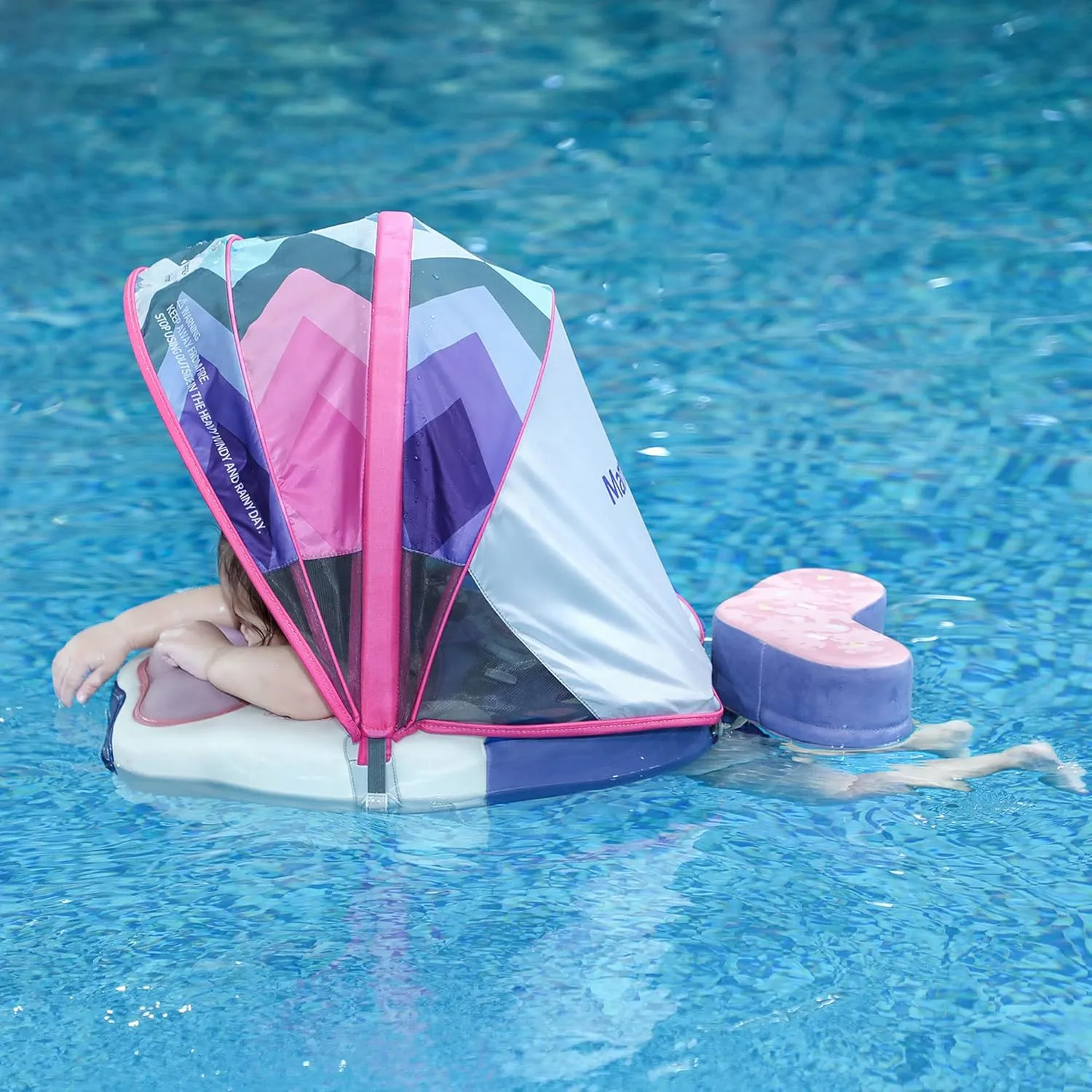 Mambobaby Float Upgrade Add Tail Baby Float with Canopy for Infant Waist Swimming Ring Swim Trainer Non-Inflatable Floats Toys with Adjustable Safety Strap (Pink - Colorful Fish)