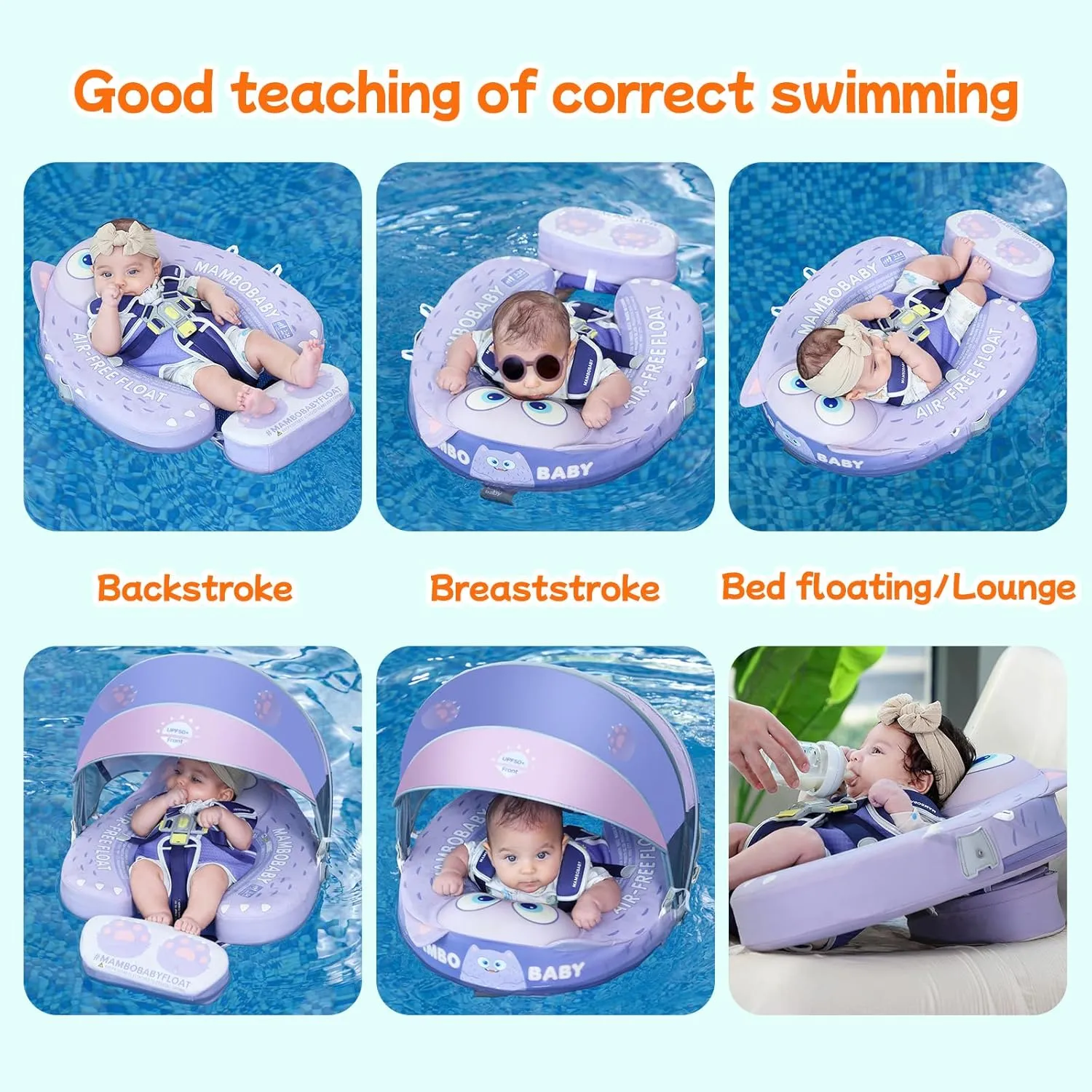 Mambobaby Float with Canopy and Tail New Upgraded Non-Inflatable Baby Pool Float Mambo Float Swim Trainer Solid Infant Swim Float Adjustable Pearl Foam Baby Swim Ring