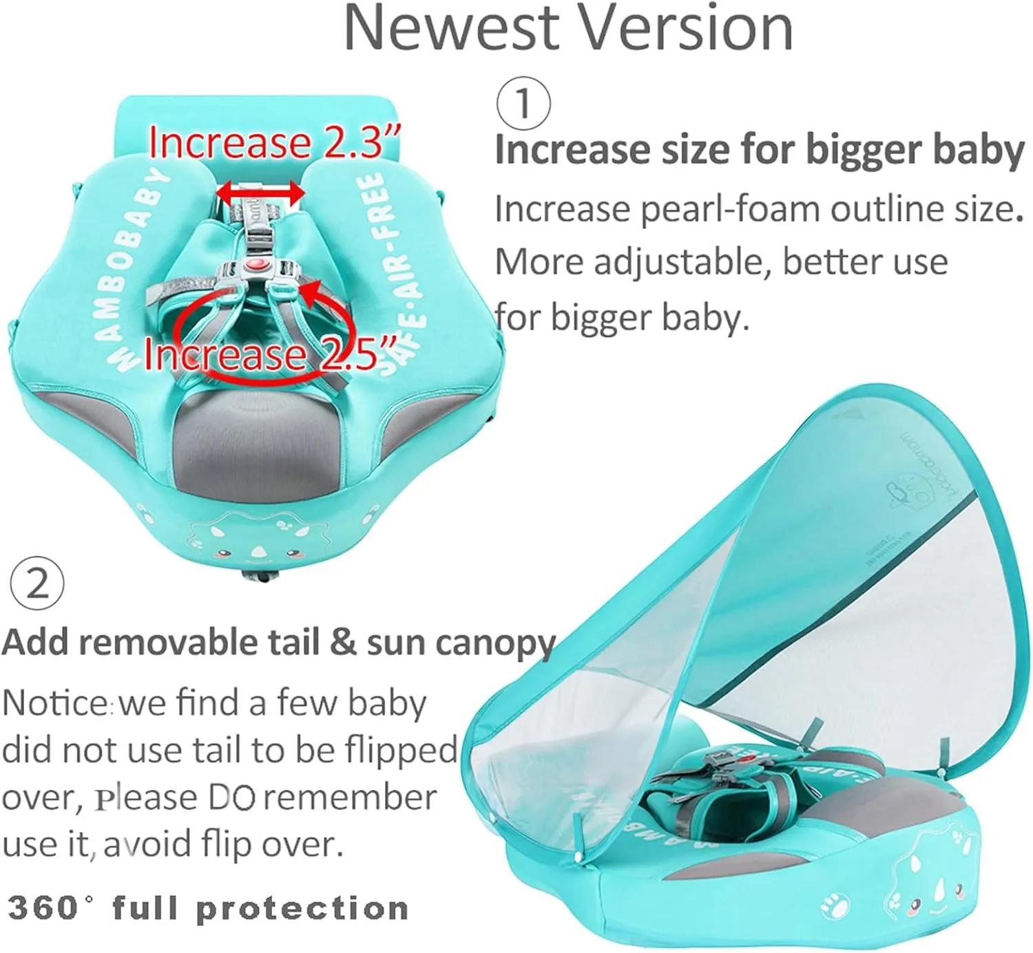 Mambobaby Float with Canopy and Tail New Upgraded Non-Inflatable Baby Pool Float Mambo Float Swim Trainer Solid Infant Swim Float Adjustable Pearl Foam Baby Swim Ring