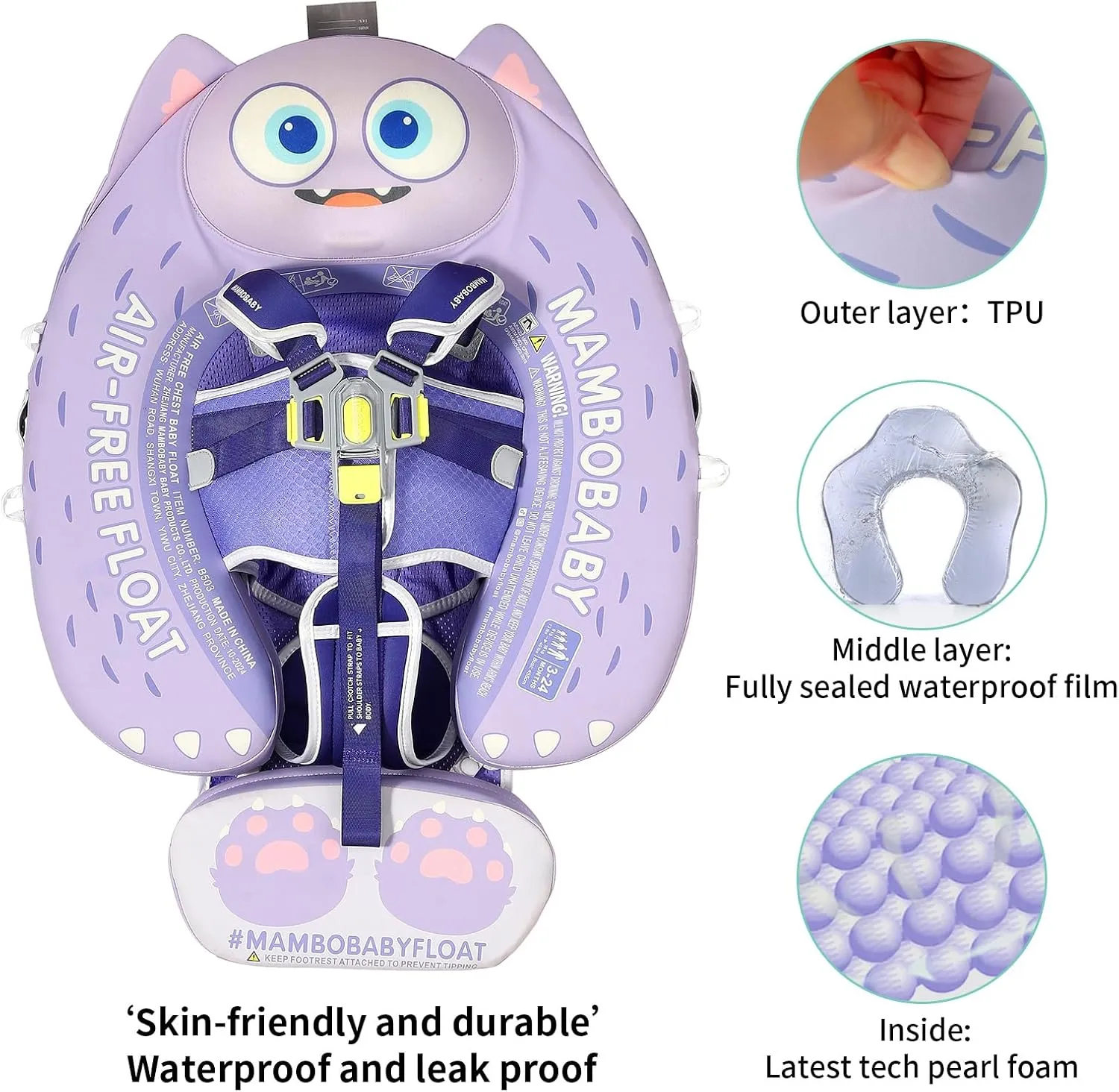 Mambobaby Float with Canopy and Tail New Upgraded Non-Inflatable Baby Pool Float Mambo Float Swim Trainer Solid Infant Swim Float Adjustable Pearl Foam Baby Swim Ring