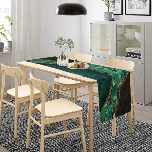 Marble Table Runner, Green Black Gold Marbling Texture Modern Abstract Dining Table Decor for Daily 13x90 Inch