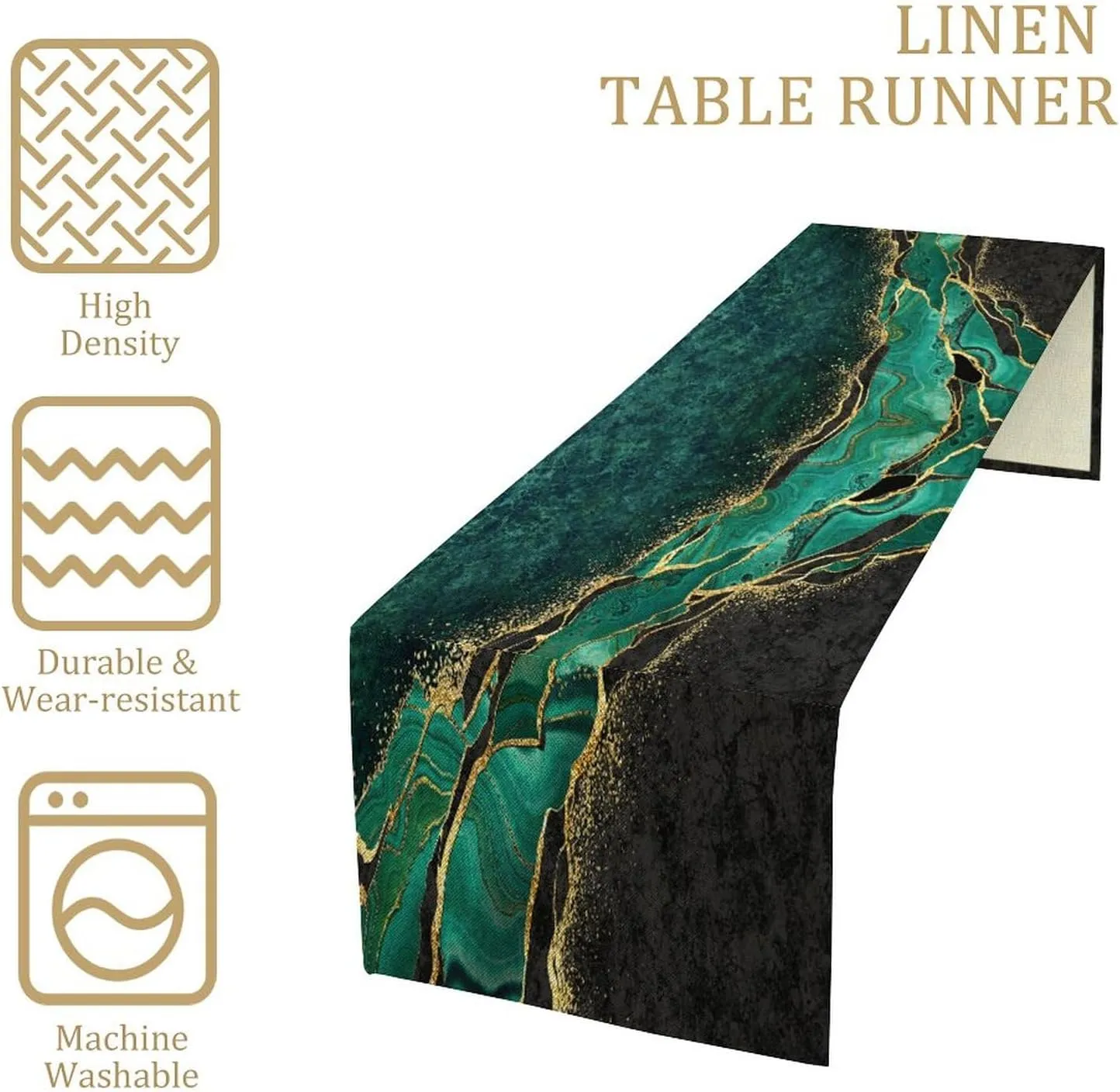 Marble Table Runner, Green Black Gold Marbling Texture Modern Abstract Dining Table Decor for Daily 13x90 Inch