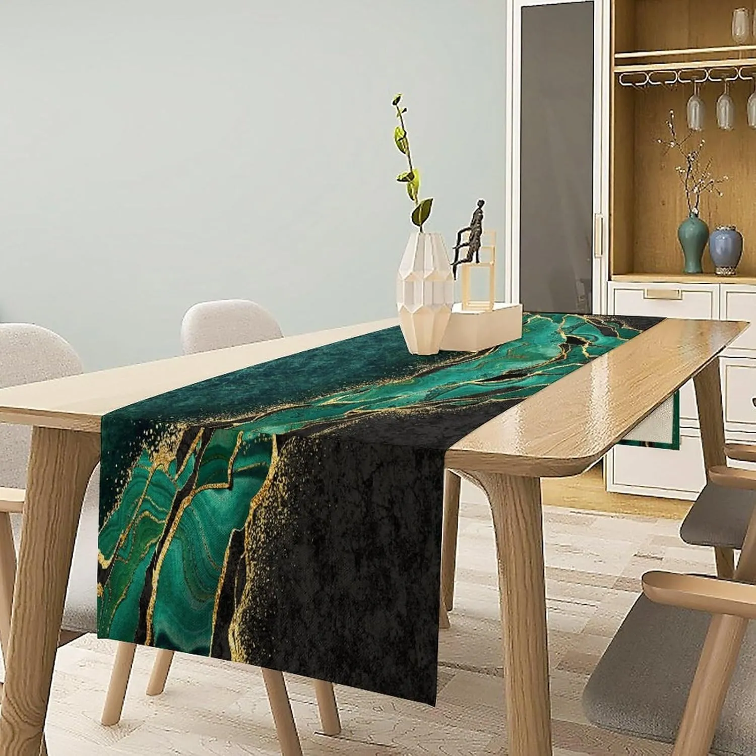 Marble Table Runner, Green Black Gold Marbling Texture Modern Abstract Dining Table Decor for Daily 13x90 Inch