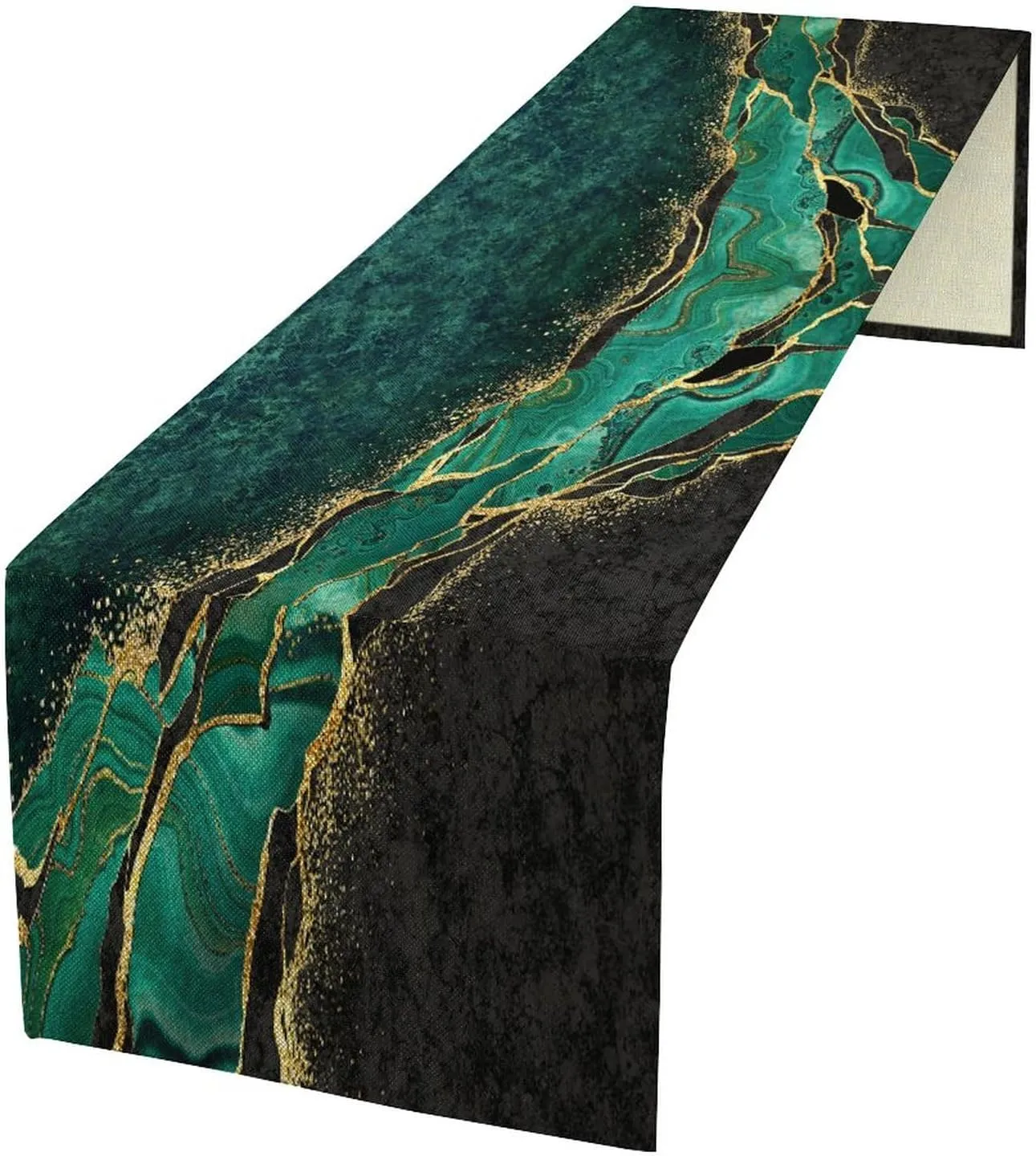 Marble Table Runner, Green Black Gold Marbling Texture Modern Abstract Dining Table Decor for Daily 13x90 Inch