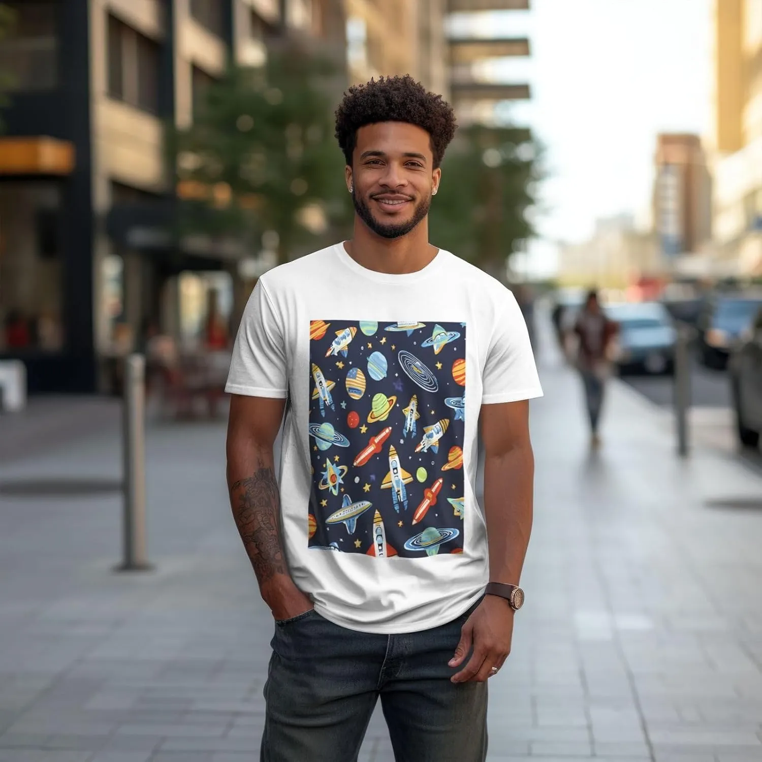 Men's Cotton Crew Neck T-Shirts, Non-Shrink Fit Shirts, Funny Astronaut Rocket Breathable Casual Tees for Travel Gym