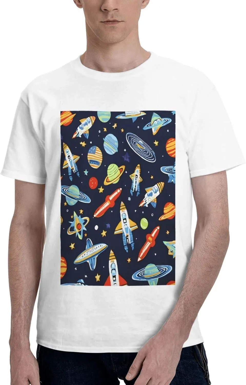 Men's Cotton Crew Neck T-Shirts, Non-Shrink Fit Shirts, Funny Astronaut Rocket Breathable Casual Tees for Travel Gym