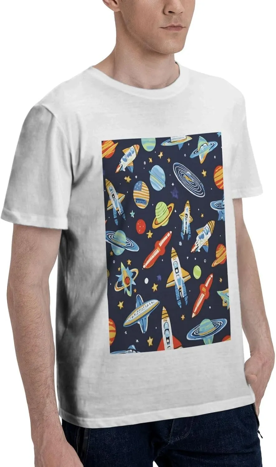 Men's Cotton Crew Neck T-Shirts, Non-Shrink Fit Shirts, Funny Astronaut Rocket Breathable Casual Tees for Travel Gym