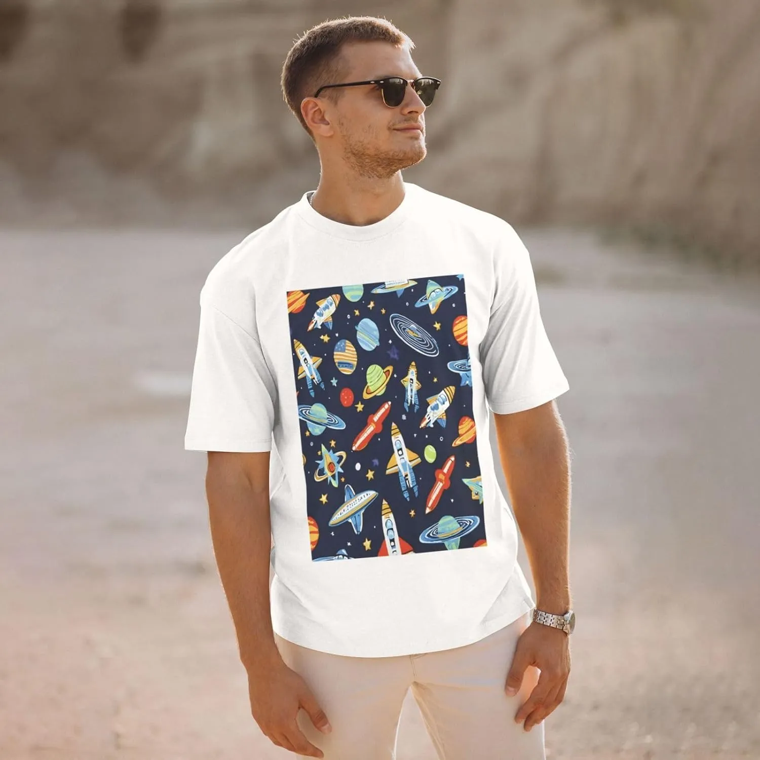 Men's Cotton Crew Neck T-Shirts, Non-Shrink Fit Shirts, Funny Astronaut Rocket Breathable Casual Tees for Travel Gym