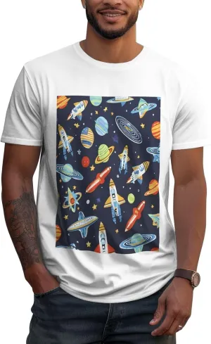 Men's Cotton Crew Neck T-Shirts, Non-Shrink Fit Shirts, Funny Astronaut Rocket Breathable Casual Tees for Travel Gym