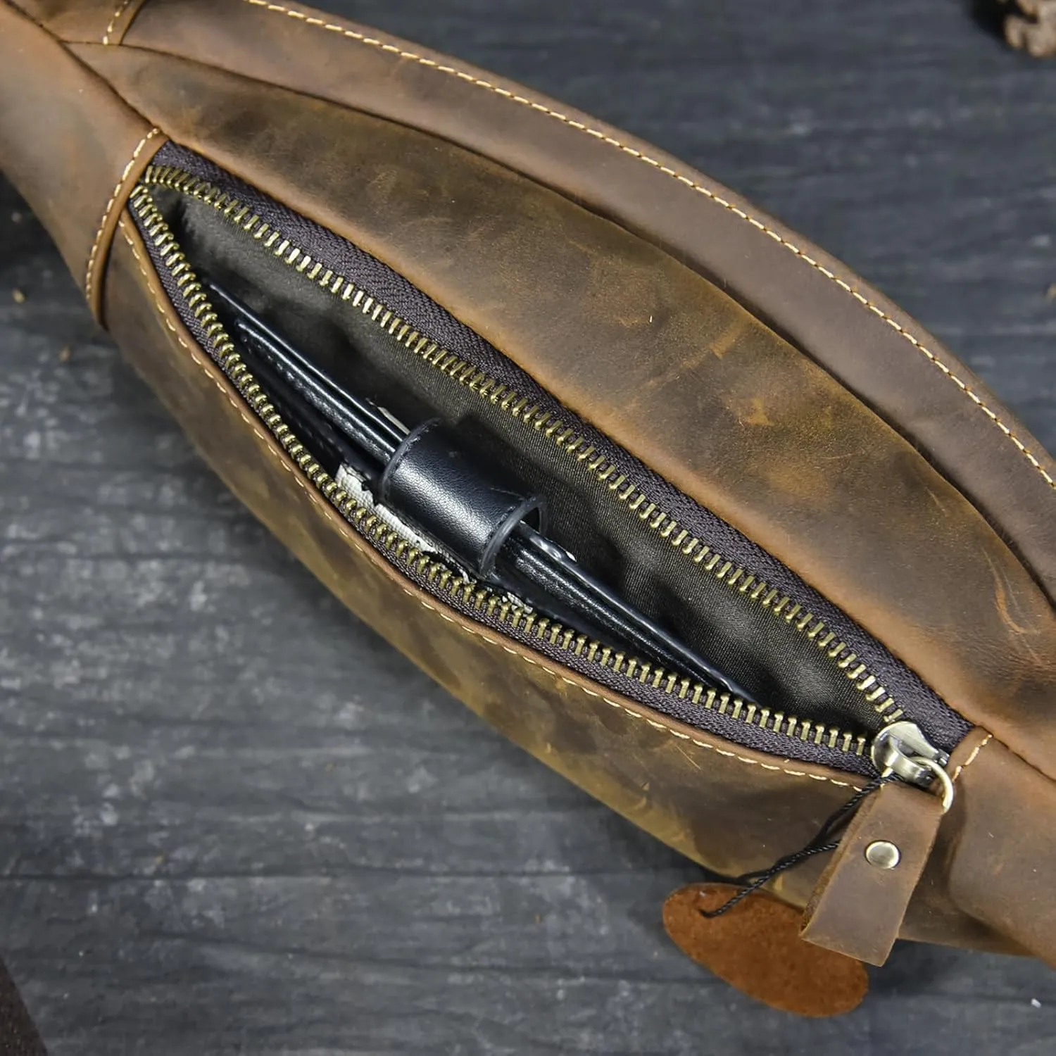Men's Leather Waist Bag Multiple Pockets Slim Fanny Pack Adjustable Belt bag for Outdoor Running Hiking and Travel (Brown)