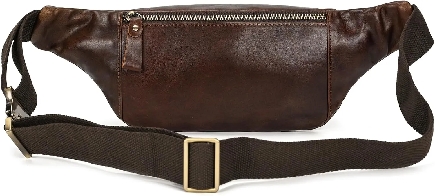 Men's Leather Waist Bag Multiple Pockets Slim Fanny Pack Adjustable Belt bag for Outdoor Running Hiking and Travel (Coffee)