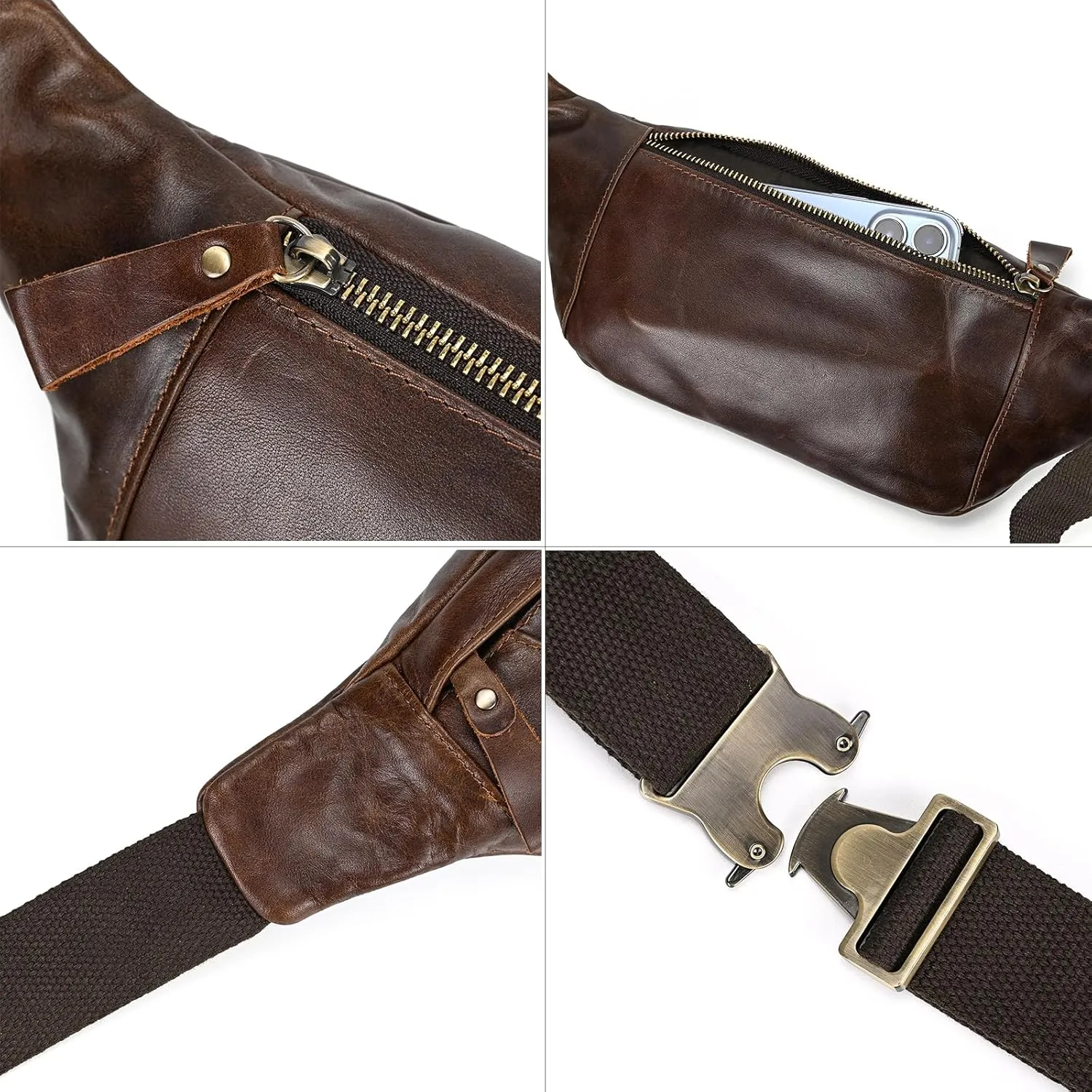 Men's Leather Waist Bag Multiple Pockets Slim Fanny Pack Adjustable Belt bag for Outdoor Running Hiking and Travel (Coffee)
