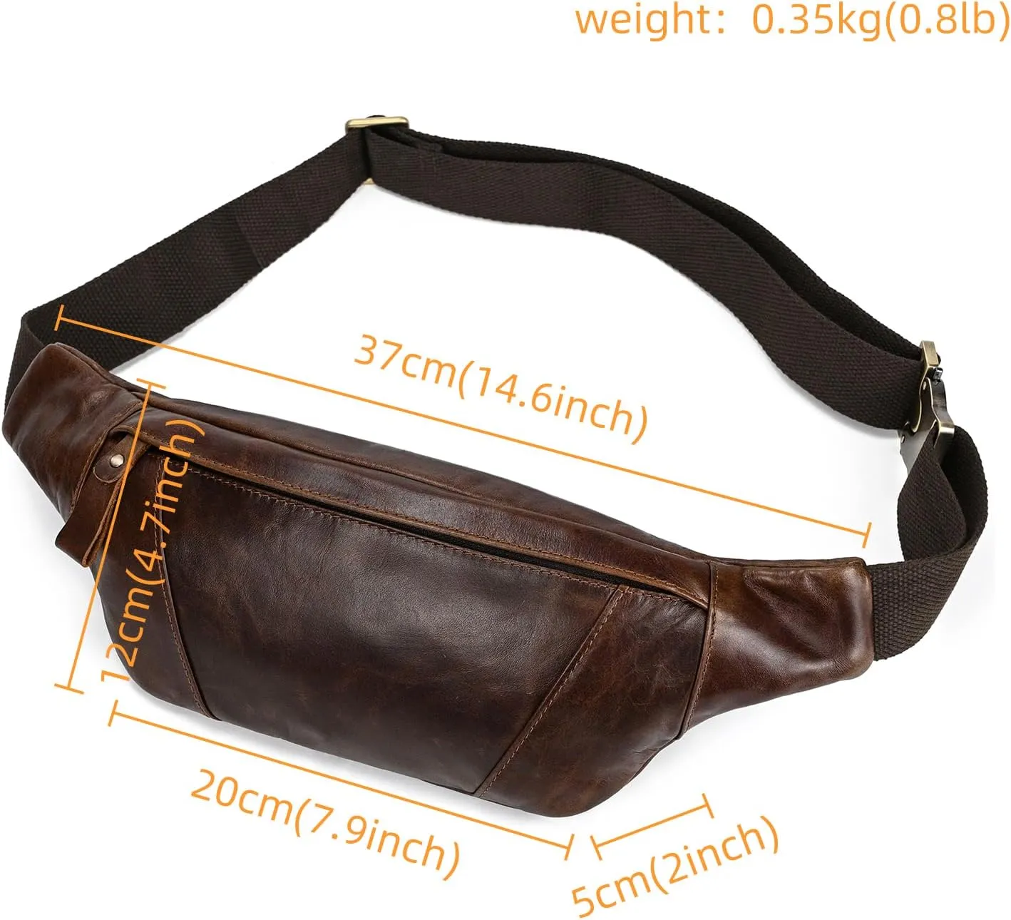 Men's Leather Waist Bag Multiple Pockets Slim Fanny Pack Adjustable Belt bag for Outdoor Running Hiking and Travel (Coffee)