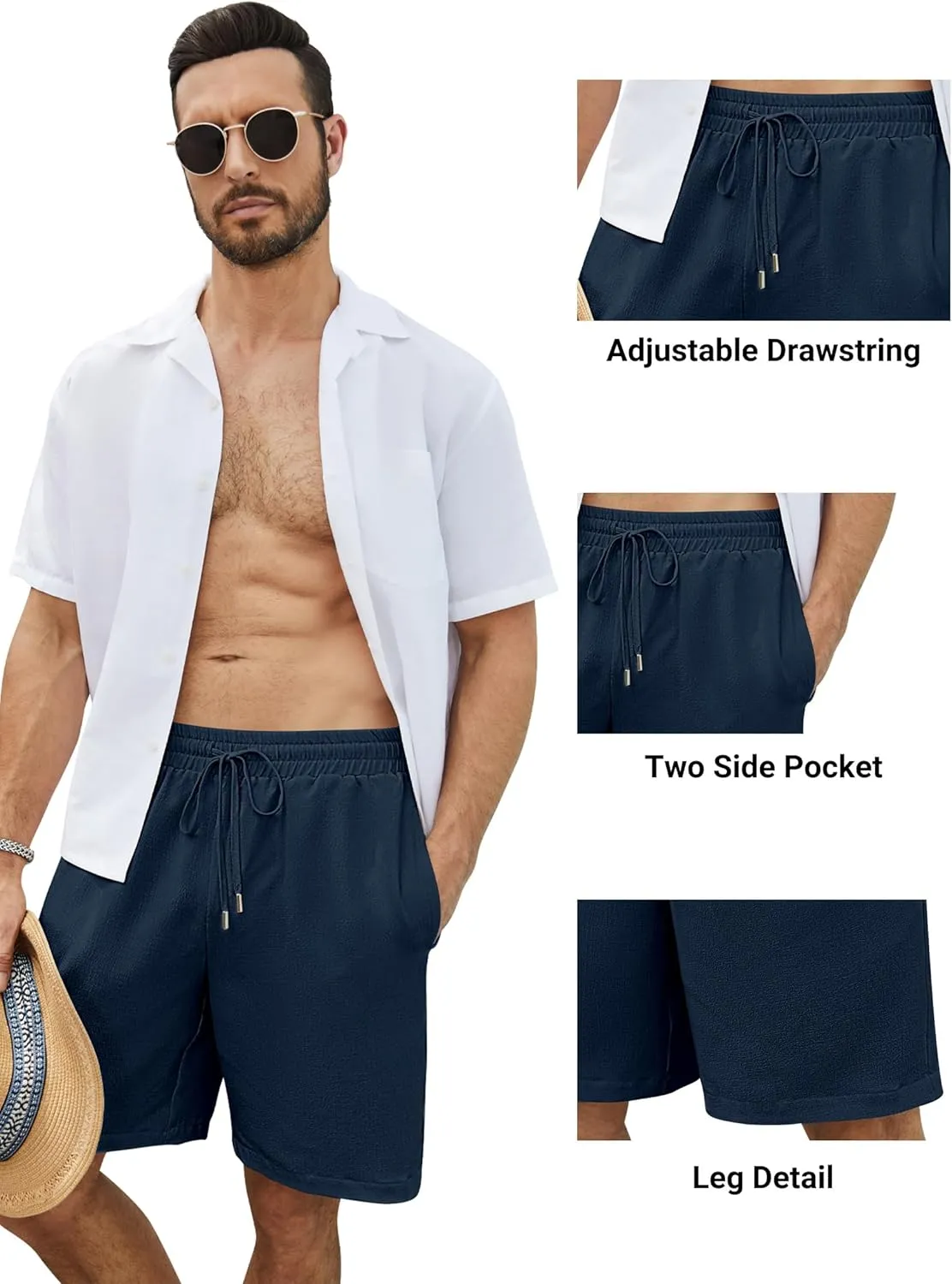Men's Shorts Casual Summer Drawstring Elastic Waist Lightweight Textured Beach Vacation Shorts with Pockets