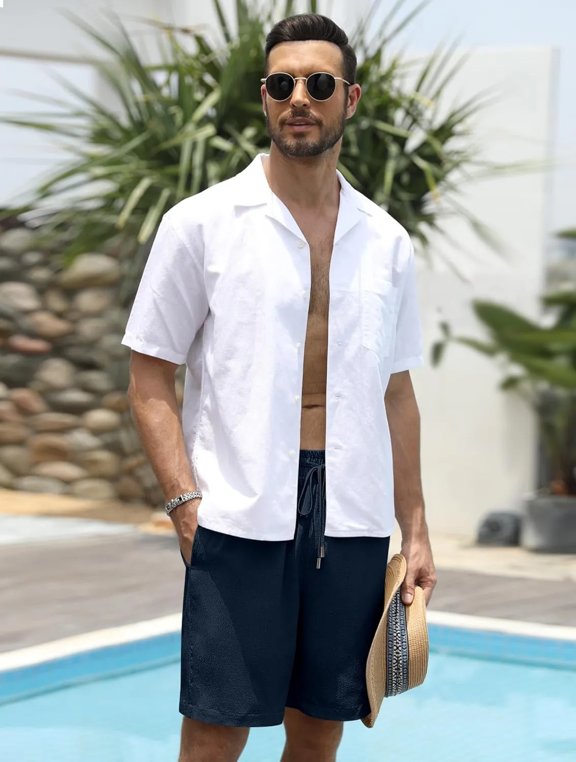 Men's Shorts Casual Summer Drawstring Elastic Waist Lightweight Textured Beach Vacation Shorts with Pockets