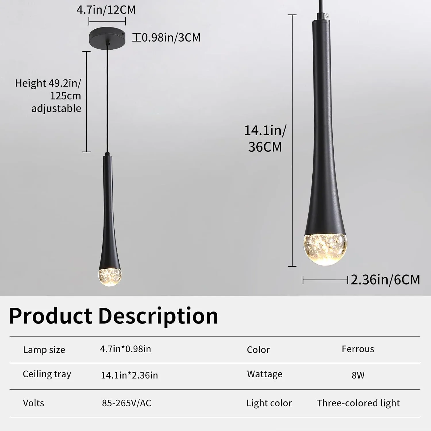 Modern Black LED Pendant Light, Kitchen Island Ceiling Hanging Lights, Teardrop Bubble Crystal, 3 Color 2700K/4500K/6500K, Bedside Small Chandeliers Lamps for Bar, Dining Room, Bathroom, Hallway