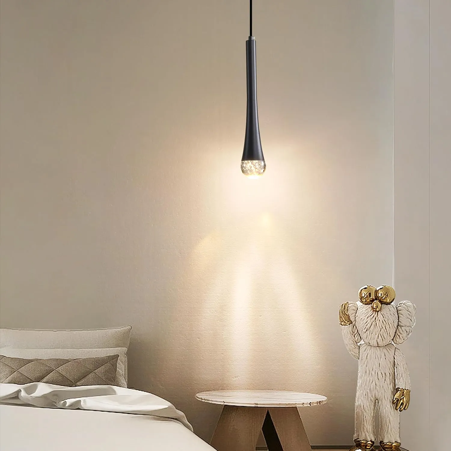 Modern Black LED Pendant Light, Kitchen Island Ceiling Hanging Lights, Teardrop Bubble Crystal, 3 Color 2700K/4500K/6500K, Bedside Small Chandeliers Lamps for Bar, Dining Room, Bathroom, Hallway