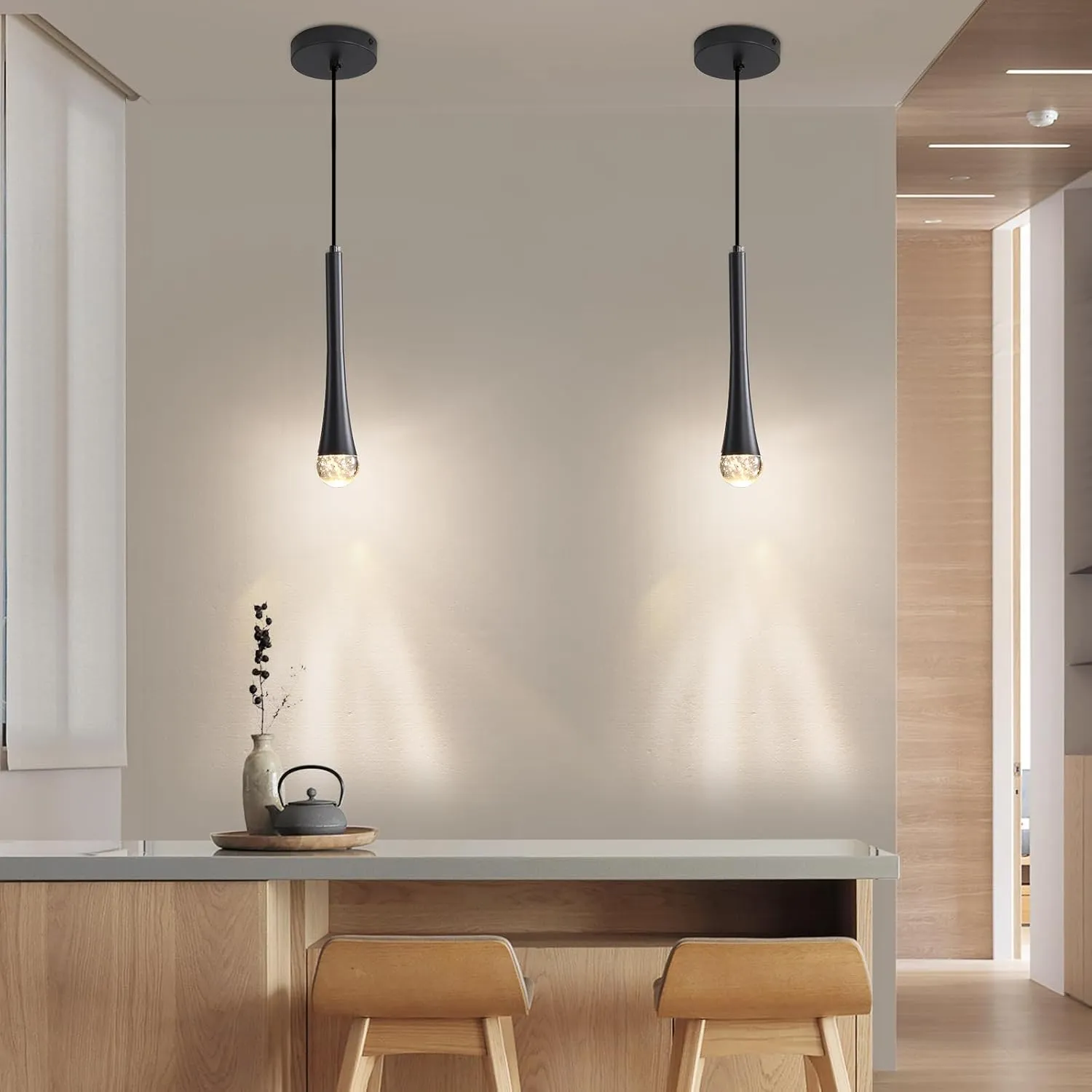 Modern Black LED Pendant Light, Kitchen Island Ceiling Hanging Lights, Teardrop Bubble Crystal, 3 Color 2700K/4500K/6500K, Bedside Small Chandeliers Lamps for Bar, Dining Room, Bathroom, Hallway