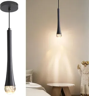 Modern Black LED Pendant Light, Kitchen Island Ceiling Hanging Lights, Teardrop Bubble Crystal, 3 Color 2700K/4500K/6500K, Bedside Small Chandeliers Lamps for Bar, Dining Room, Bathroom, Hallway