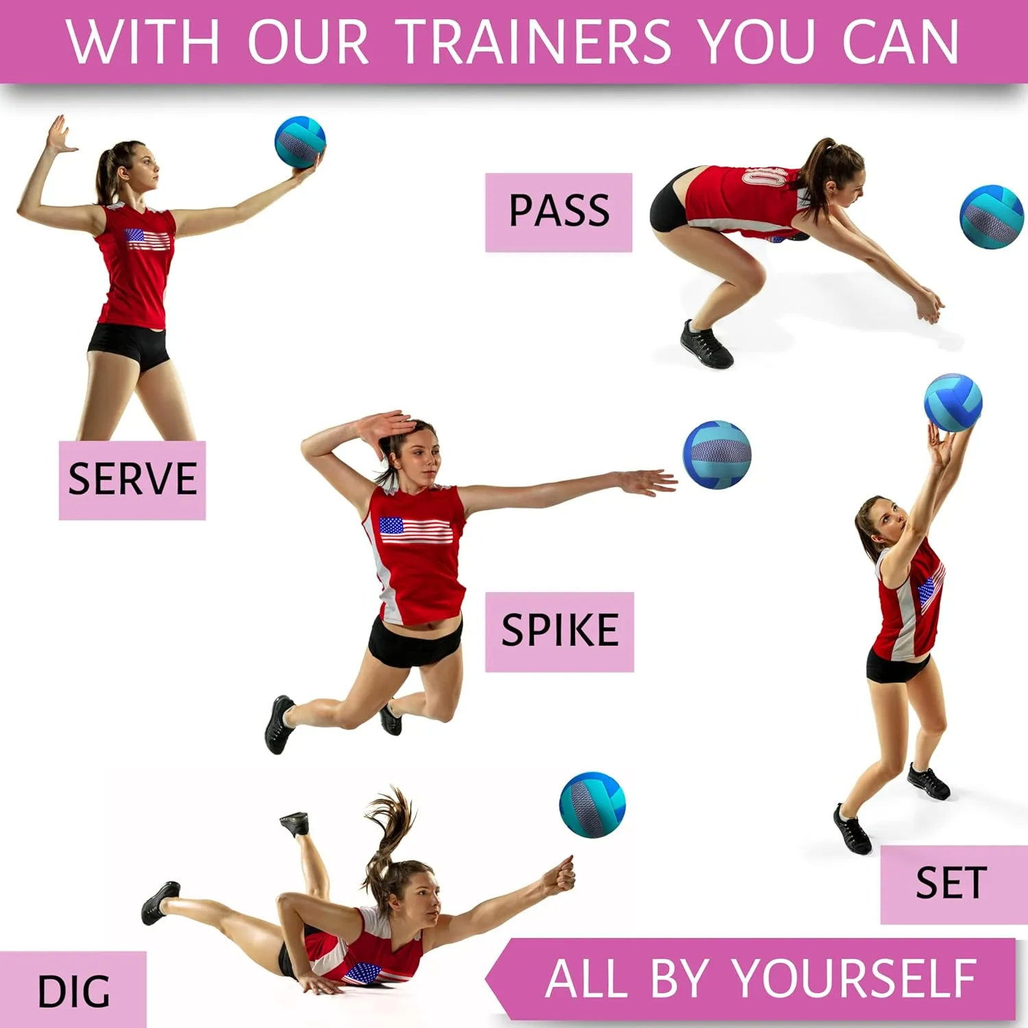 OVANTO Volleyball Training Equipment Aid – Solo Volleyball Equipment in 4 Styles to Serve, Spike, Set and Pass Like a Pro - Adjustable Volleyball Practice Equipment Gift for Beginners & Experts
