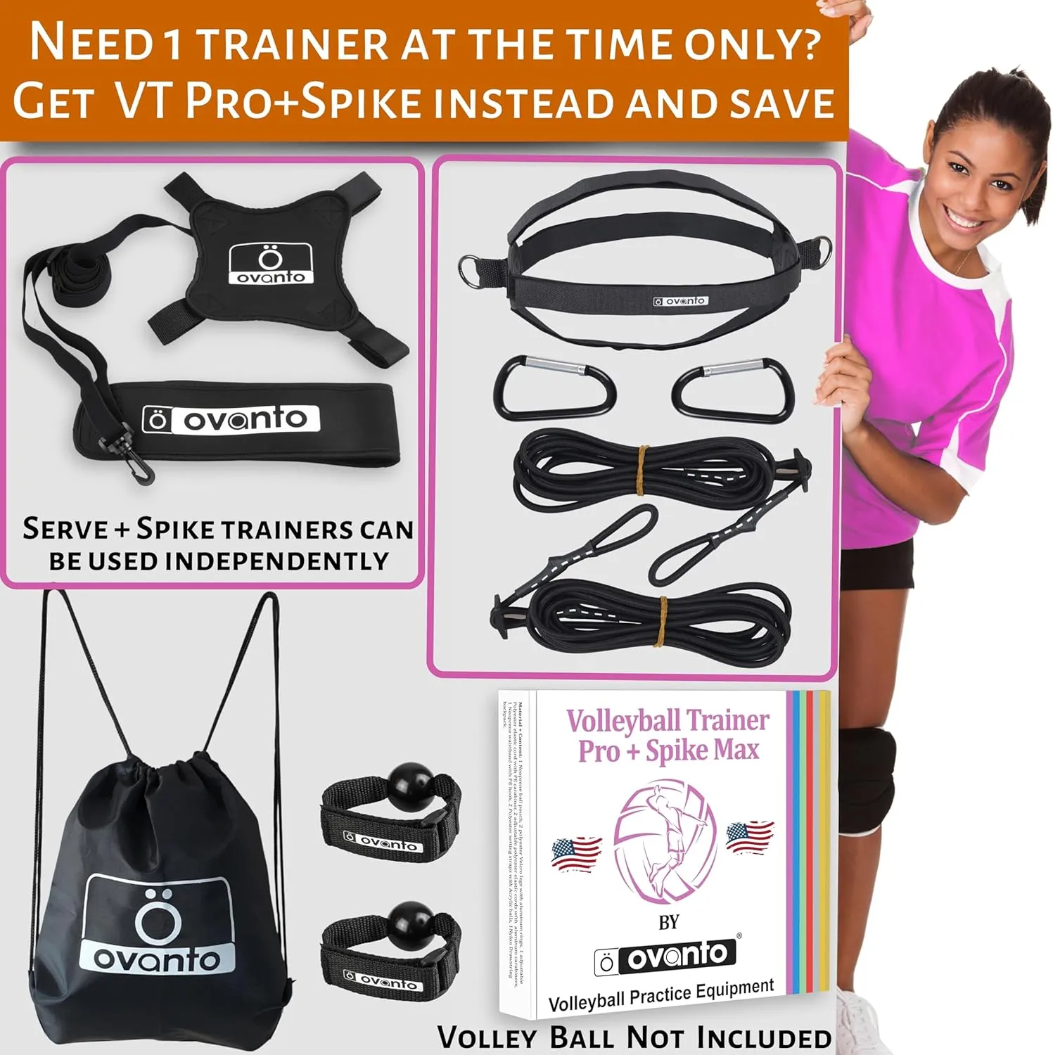 OVANTO Volleyball Training Equipment Aid – Solo Volleyball Equipment in 4 Styles to Serve, Spike, Set and Pass Like a Pro - Adjustable Volleyball Practice Equipment Gift for Beginners & Experts