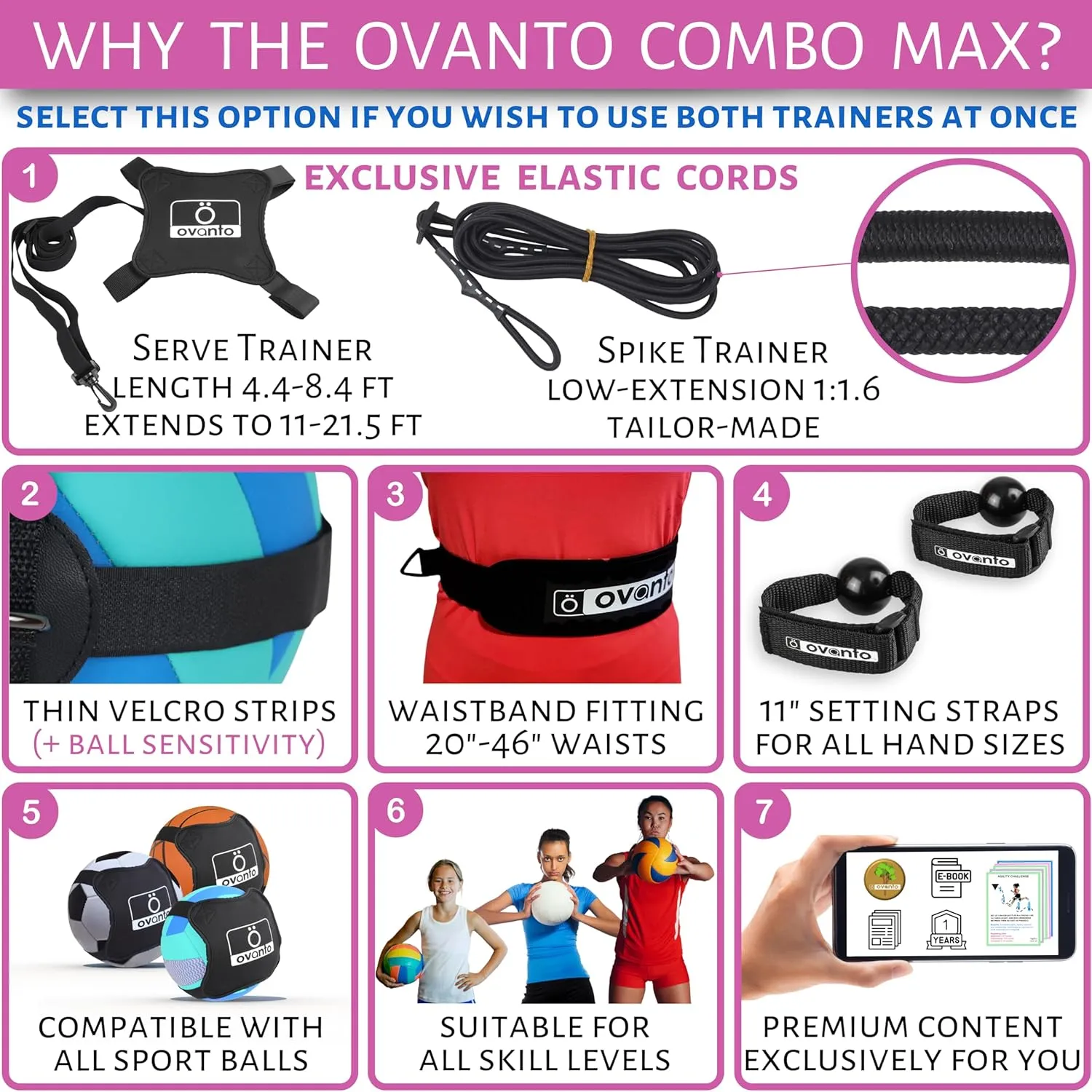 OVANTO Volleyball Training Equipment Aid – Solo Volleyball Equipment in 4 Styles to Serve, Spike, Set and Pass Like a Pro - Adjustable Volleyball Practice Equipment Gift for Beginners & Experts