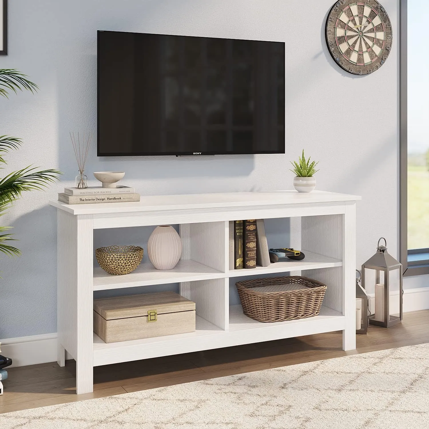 Panana TV Stand, Entertainment Center 4 Cubby Television Stands Cabinet Media Sideboard with 4 Open Shelves Farmhouse TV Media Console Table for TVs up to 50 Inches (43 Inches White)