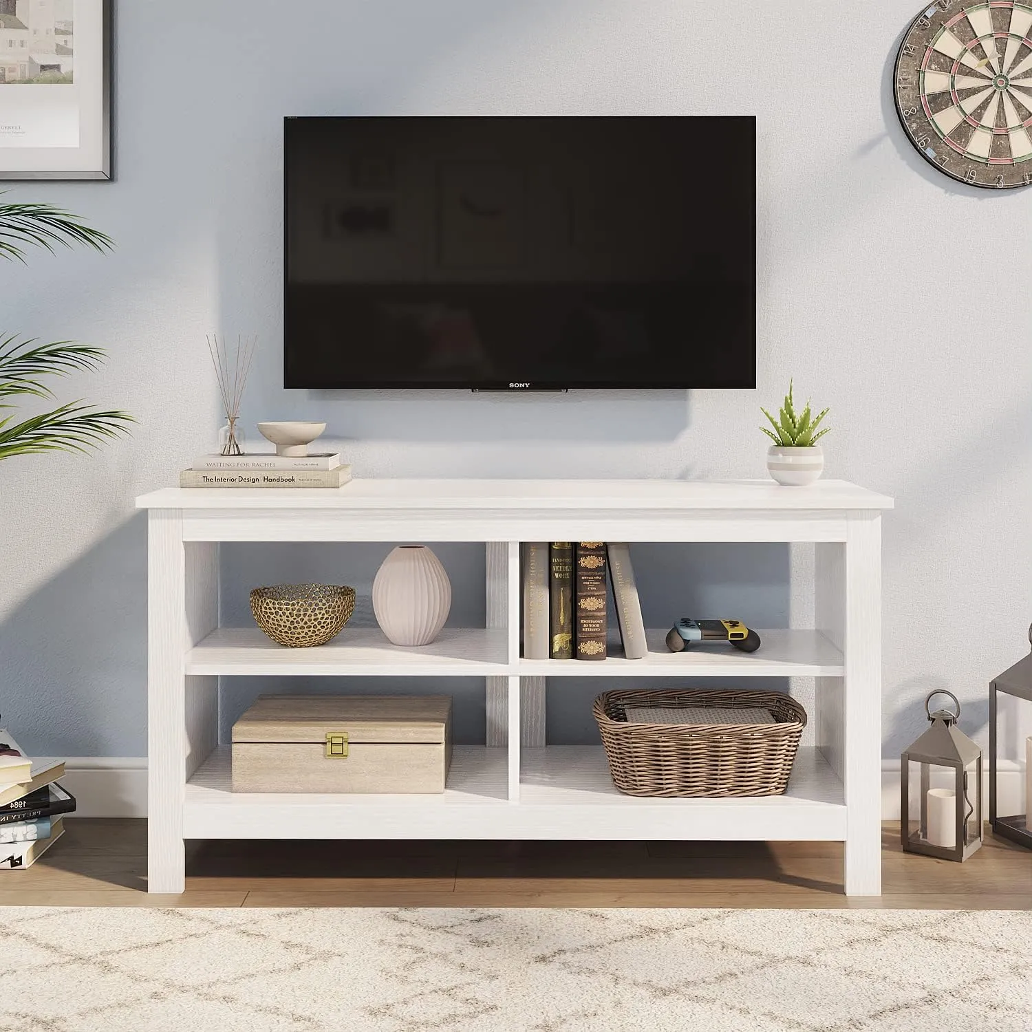 Panana TV Stand, Entertainment Center 4 Cubby Television Stands Cabinet Media Sideboard with 4 Open Shelves Farmhouse TV Media Console Table for TVs up to 50 Inches (43 Inches White)