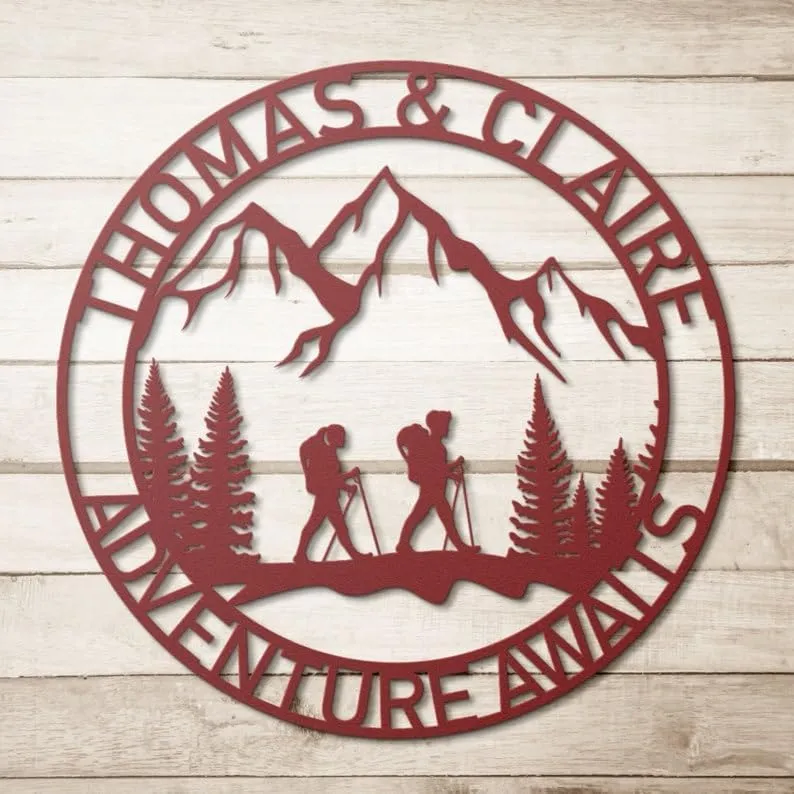 Personalized Mountain Hiking Metal Sign, Hiker Gift, Backpacker Couple Signs, Hiking Gifts for Him Her, Climbing Trekking Metal Wall Art for Home Decor, Hiker Name Signs, Backpacker In Forest Sign