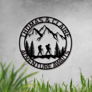 Personalized Mountain Hiking Metal Sign, Hiker Gift, Backpacker Couple Signs, Hiking Gifts for Him Her, Climbing Trekking Metal Wall Art for Home Decor, Hiker Name Signs, Backpacker In Forest Sign