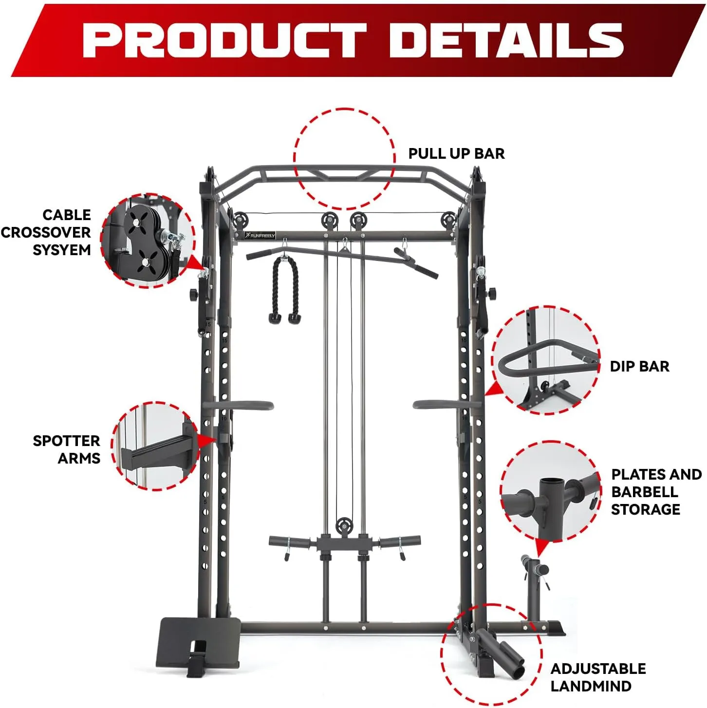 Power Rack for Home Gym, Smith-Machine with Cable Crossover for Full-Body Workout, All-in-one Trainer Equipment for Strength Training, Squat, Bench Press and Pull Up Bar
