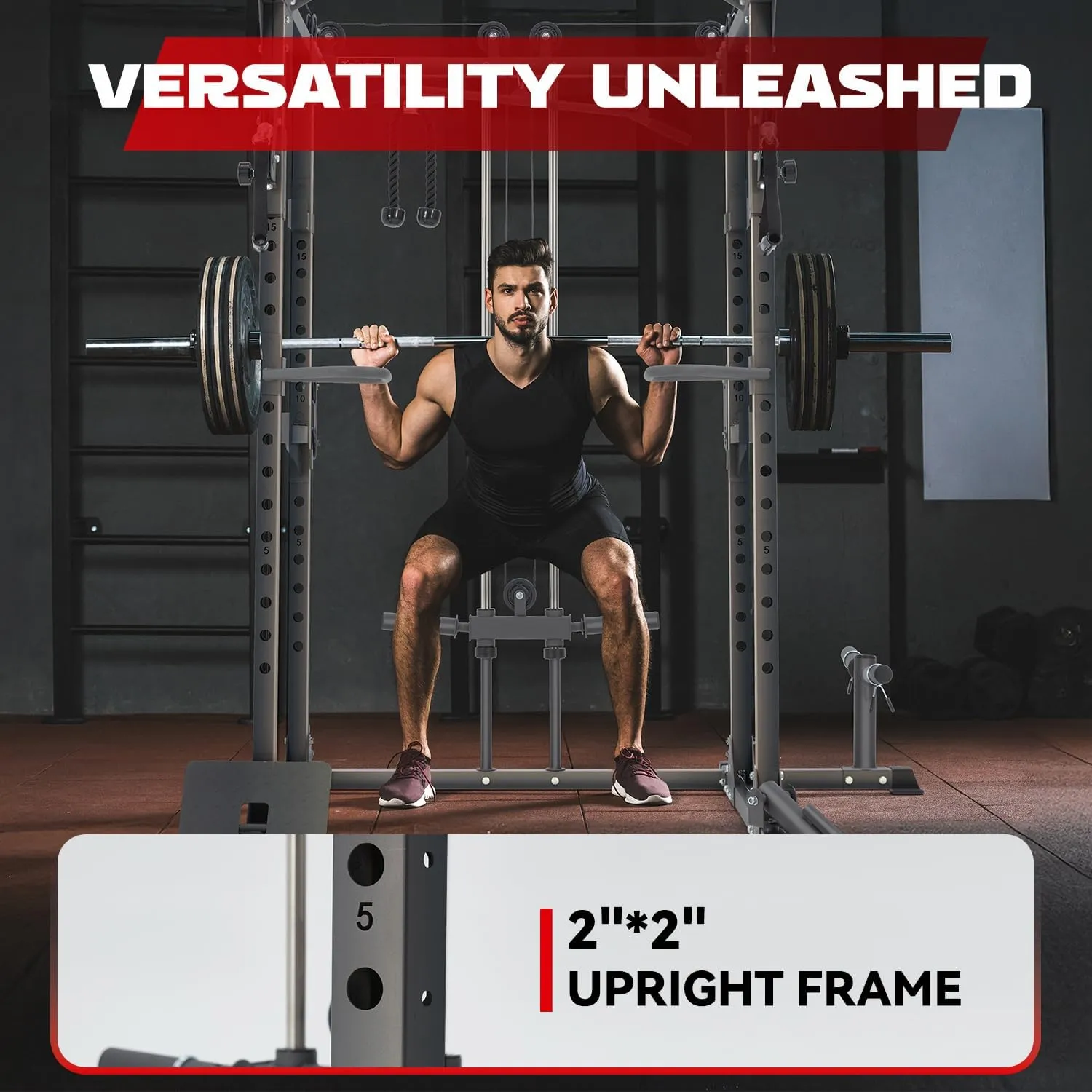 Power Rack for Home Gym, Smith-Machine with Cable Crossover for Full-Body Workout, All-in-one Trainer Equipment for Strength Training, Squat, Bench Press and Pull Up Bar