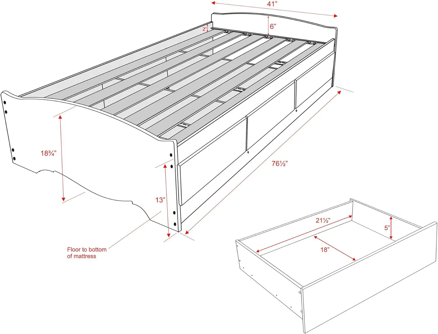 Prepac Mate's Twin 3-Drawer Minimalist Platform Storage Bed, Contemporary Twin Bed with Drawers 76.5" D x 41" W x 18.75" H, White, WBT-4100-2K