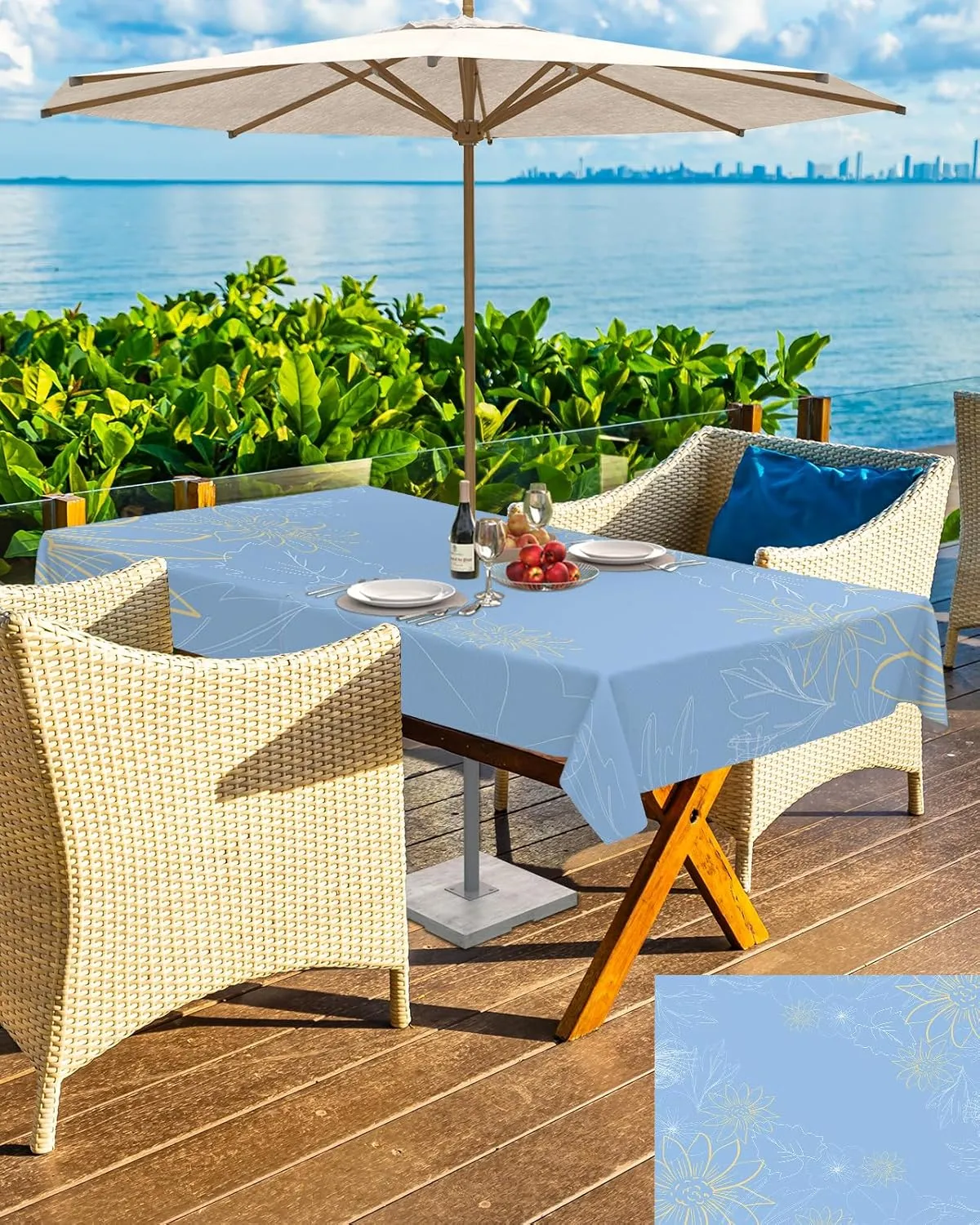 QueenKer Outdoor Tablecloth with Umbrella Hole, Minimalist Lines Leaves Flowers Blue Rectangle Tables Waterproof Tabletop Collection for Patio, Garden, Picnic, Camping, Dining 54 x 80 inch