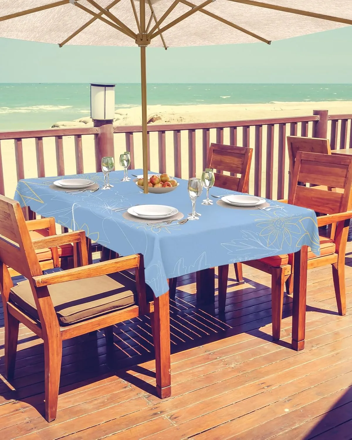 QueenKer Outdoor Tablecloth with Umbrella Hole, Minimalist Lines Leaves Flowers Blue Rectangle Tables Waterproof Tabletop Collection for Patio, Garden, Picnic, Camping, Dining 54 x 80 inch