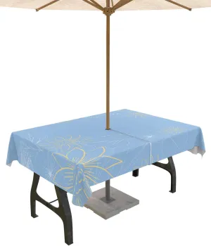 QueenKer Outdoor Tablecloth with Umbrella Hole, Minimalist Lines Leaves Flowers Blue Rectangle Tables Waterproof Tabletop Collection for Patio, Garden, Picnic, Camping, Dining 54 x 80 inch