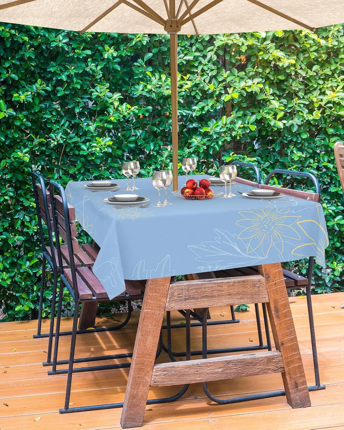 QueenKer Outdoor Tablecloth with Umbrella Hole, Minimalist Lines Leaves Flowers Blue Rectangle Tables Waterproof Tabletop Collection for Patio, Garden, Picnic, Camping, Dining 54 x 80 inch