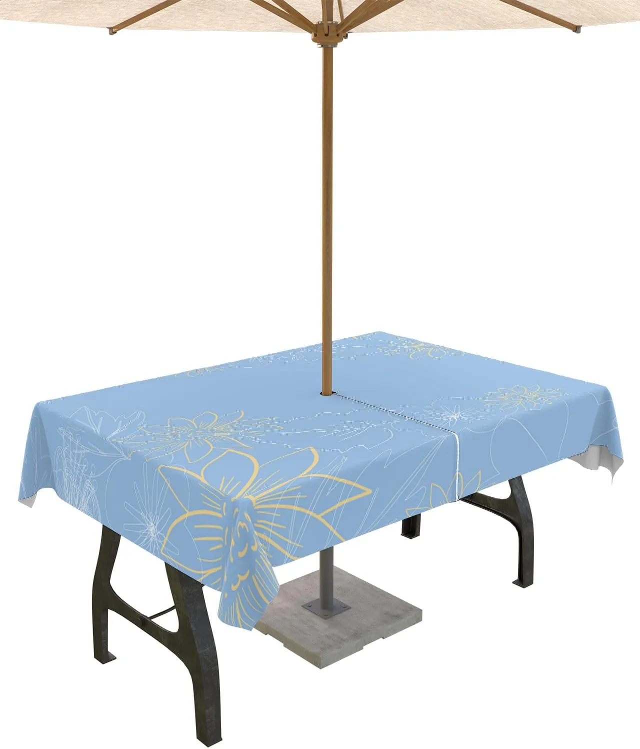 QueenKer Outdoor Tablecloth with Umbrella Hole, Minimalist Lines Leaves Flowers Blue Rectangle Tables Waterproof Tabletop Collection for Patio, Garden, Picnic, Camping, Dining 54 x 80 inch