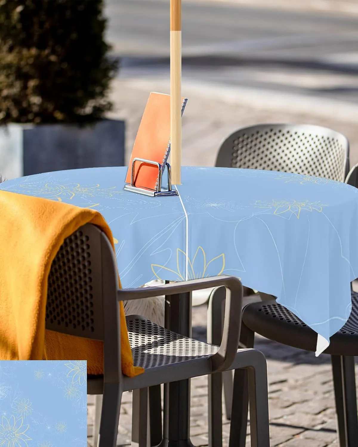 QueenKer Outdoor Tablecloth with Umbrella Hole, Minimalist Lines Leaves Flowers Blue Square Tables Waterproof Tabletop Collection for Patio, Garden, Picnic, Camping, Dining 60 x 60 inch