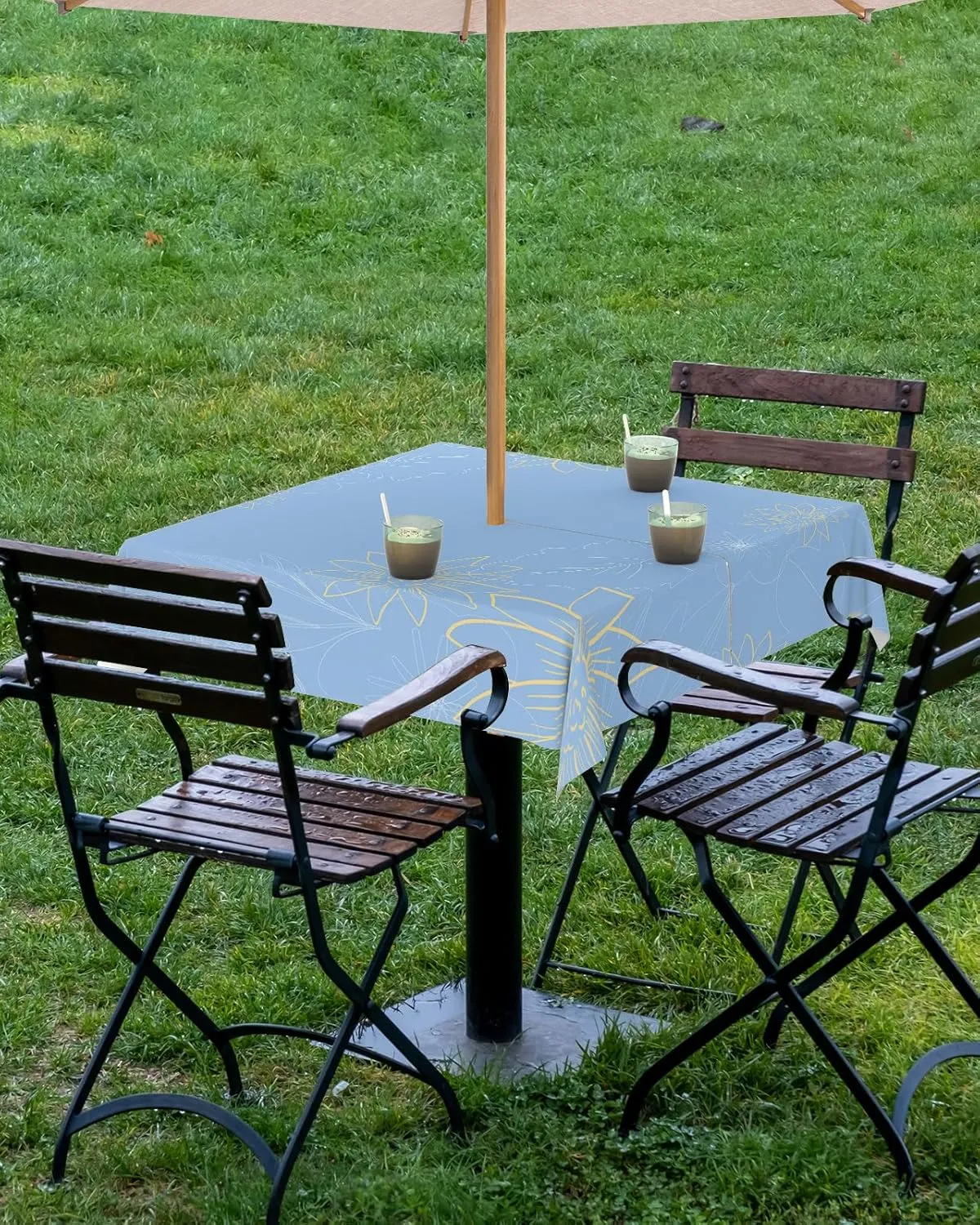 QueenKer Outdoor Tablecloth with Umbrella Hole, Minimalist Lines Leaves Flowers Blue Square Tables Waterproof Tabletop Collection for Patio, Garden, Picnic, Camping, Dining 60 x 60 inch