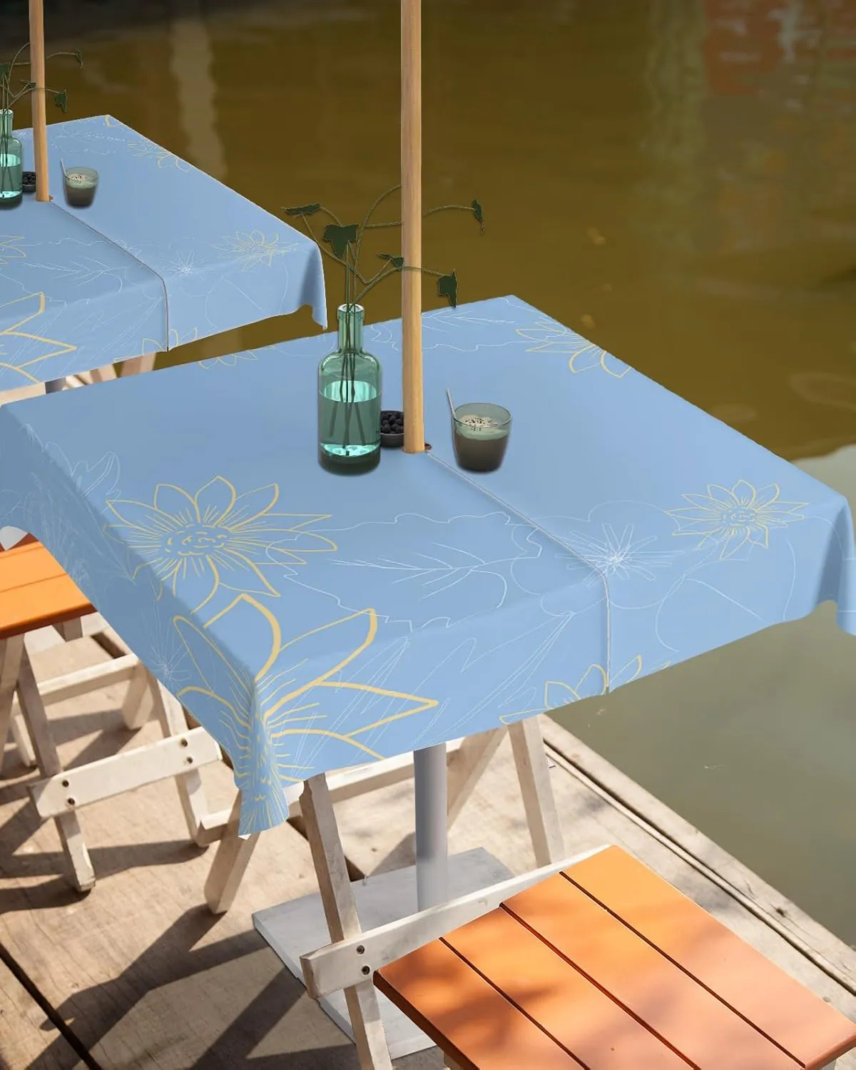 QueenKer Outdoor Tablecloth with Umbrella Hole, Minimalist Lines Leaves Flowers Blue Square Tables Waterproof Tabletop Collection for Patio, Garden, Picnic, Camping, Dining 60 x 60 inch