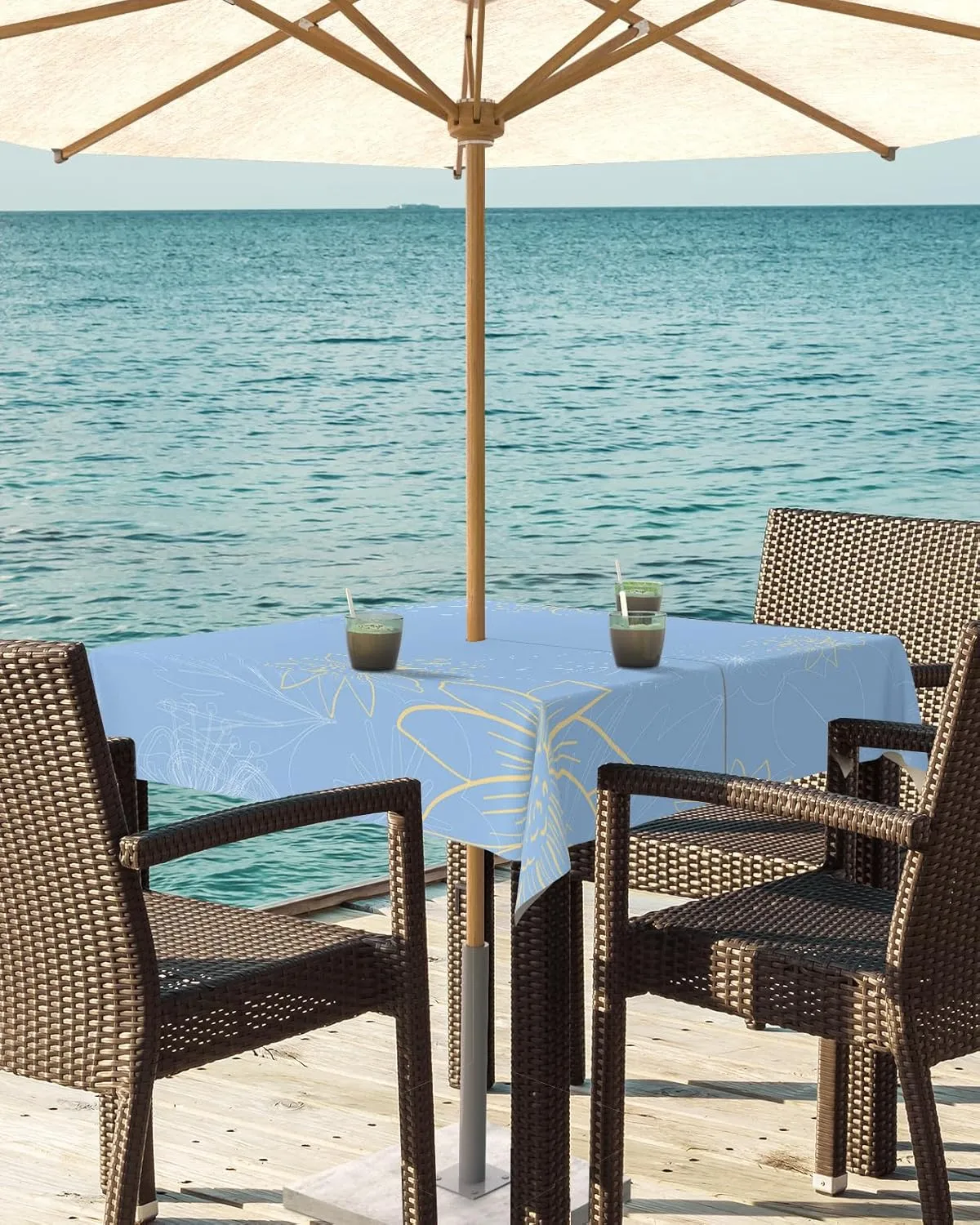 QueenKer Outdoor Tablecloth with Umbrella Hole, Minimalist Lines Leaves Flowers Blue Square Tables Waterproof Tabletop Collection for Patio, Garden, Picnic, Camping, Dining 60 x 60 inch