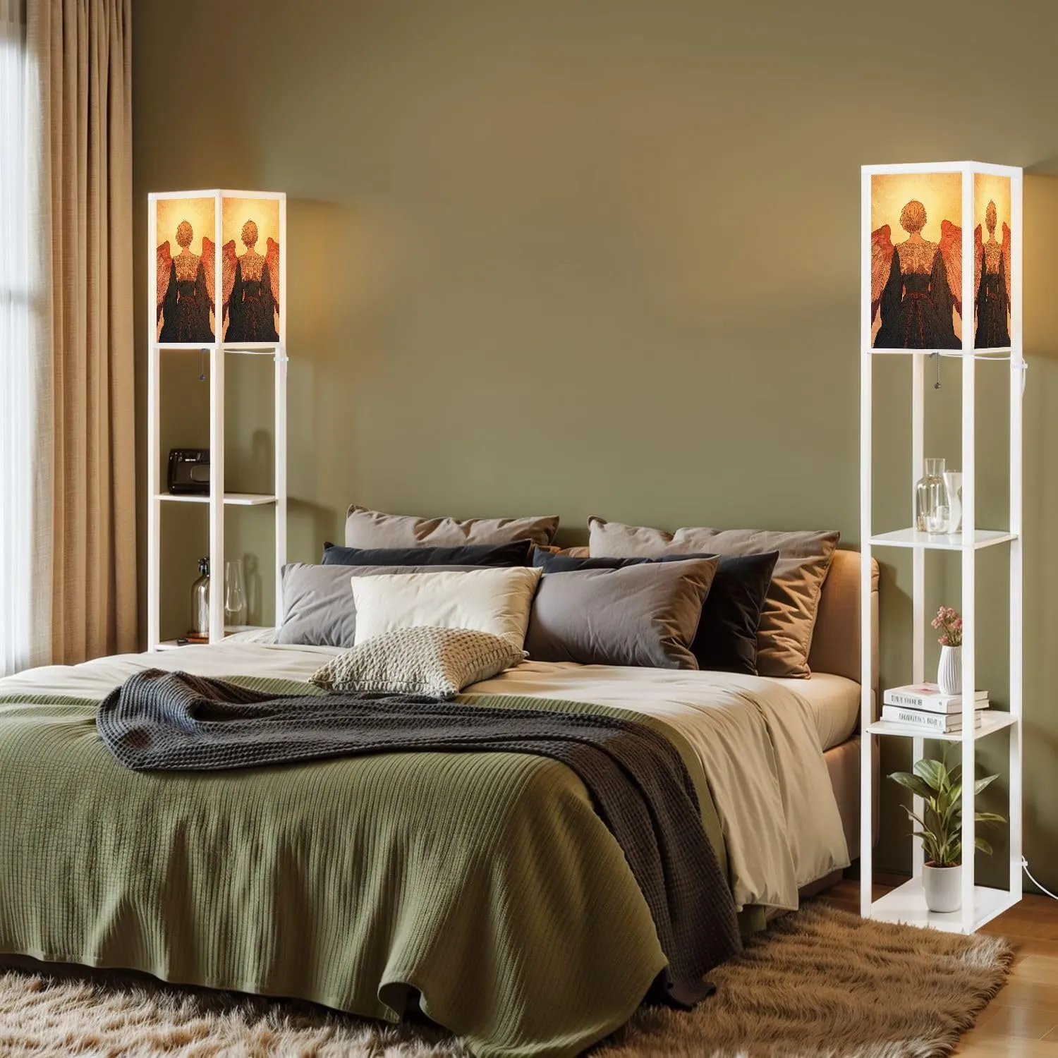 Radiant Angel Art Flat Wings Delicate Patterns Floor Lamps with Shelves, Modern Standing Lamp Narrow Corner Display Bookshelf Lamp for Living Room, Bedroom, Office Decor