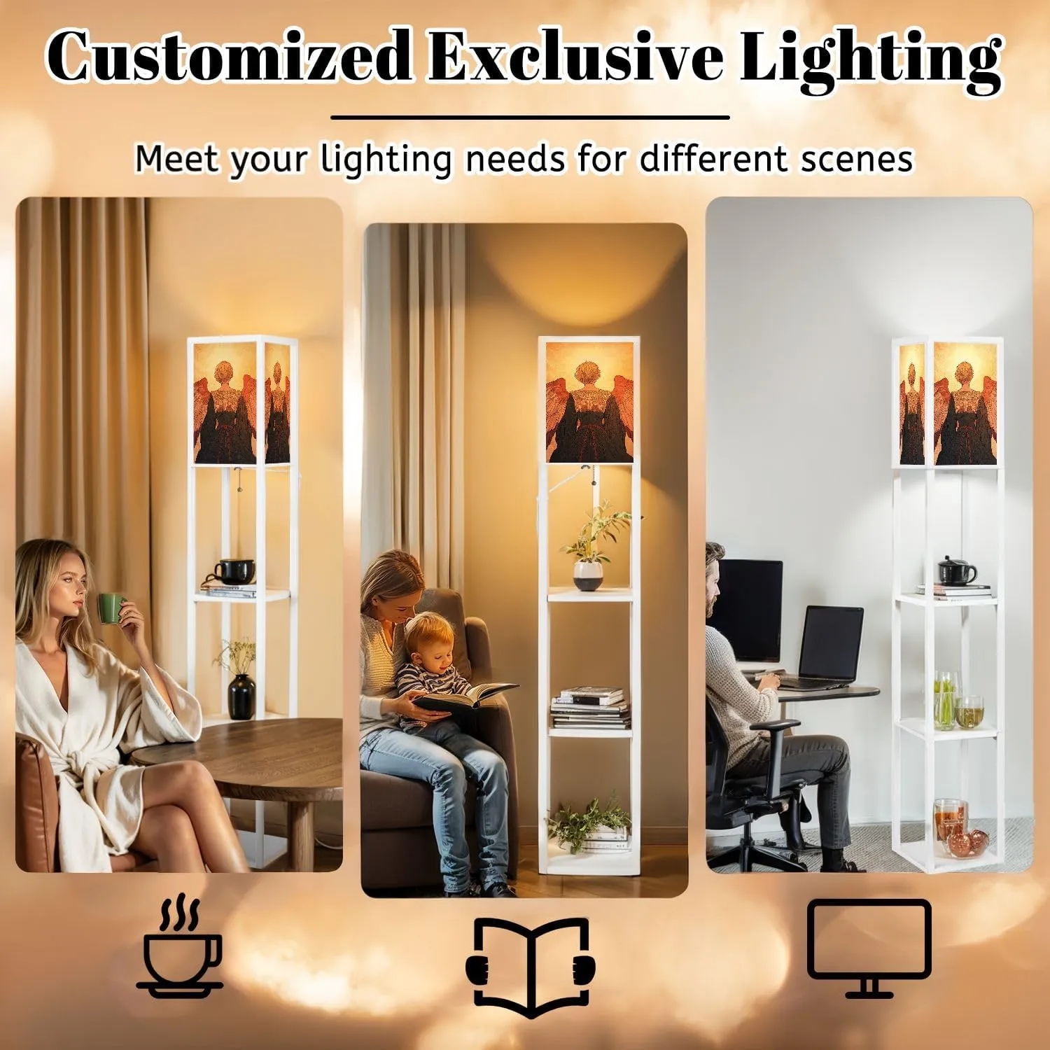 Radiant Angel Art Flat Wings Delicate Patterns Floor Lamps with Shelves, Modern Standing Lamp Narrow Corner Display Bookshelf Lamp for Living Room, Bedroom, Office Decor