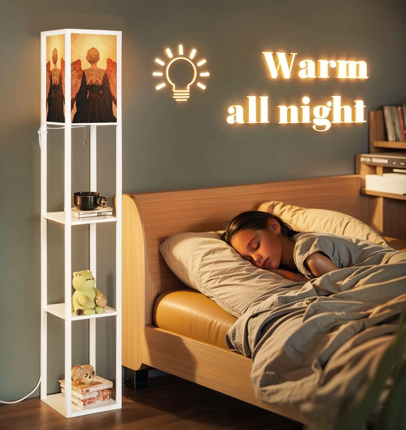 Radiant Angel Art Flat Wings Delicate Patterns Floor Lamps with Shelves, Modern Standing Lamp Narrow Corner Display Bookshelf Lamp for Living Room, Bedroom, Office Decor